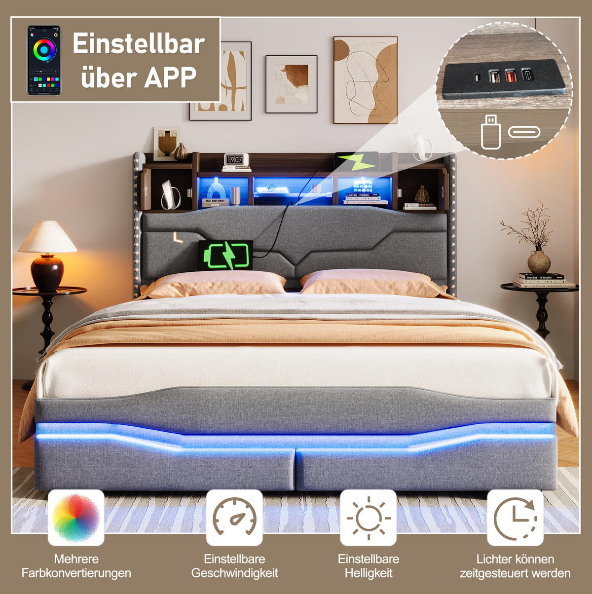 POLSTERBETT 160/200 cm mit LED-Beleuchtung, USB-C/USB-Anschluss, hydraulischem Bettkasten und Stauraum-Kopfteil, Grau - Grau, Textil (160/200cm) - Redom