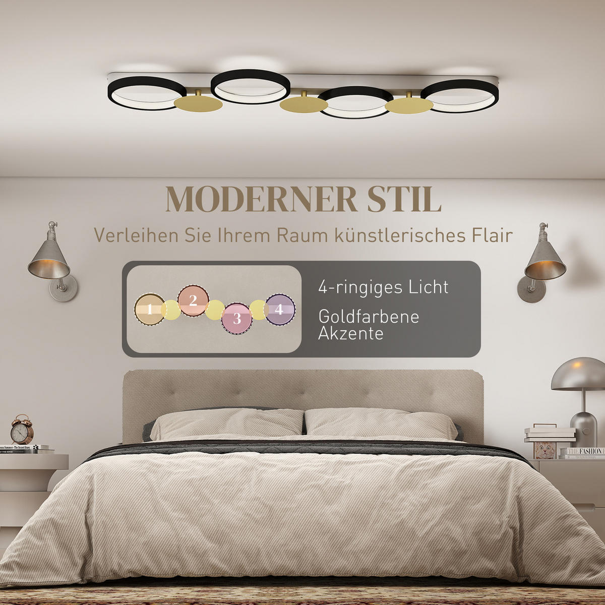 DECKENLEUCHTE LED 38W 1500LM 3000K-6500K Deckenlampe mit 4 Glühbirnen Szenenmodi - Schwarz, Metall (100/31/7cm) - HOMCOM