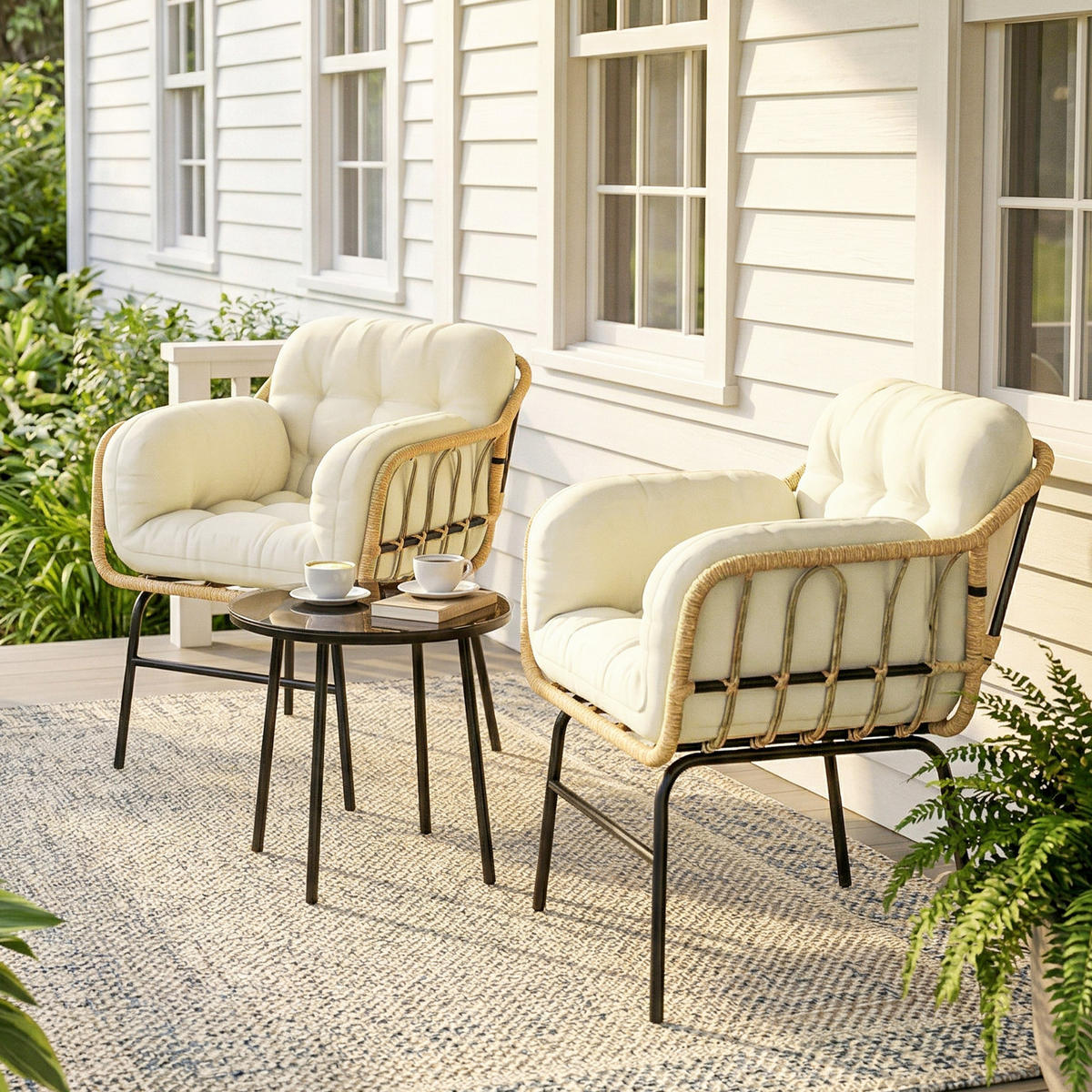GARTENSITZGRUPPE 3tlg. DE-13717 mit Glastisch und Polsterkissen Kaki - Mokka, Metall - ComfortXL