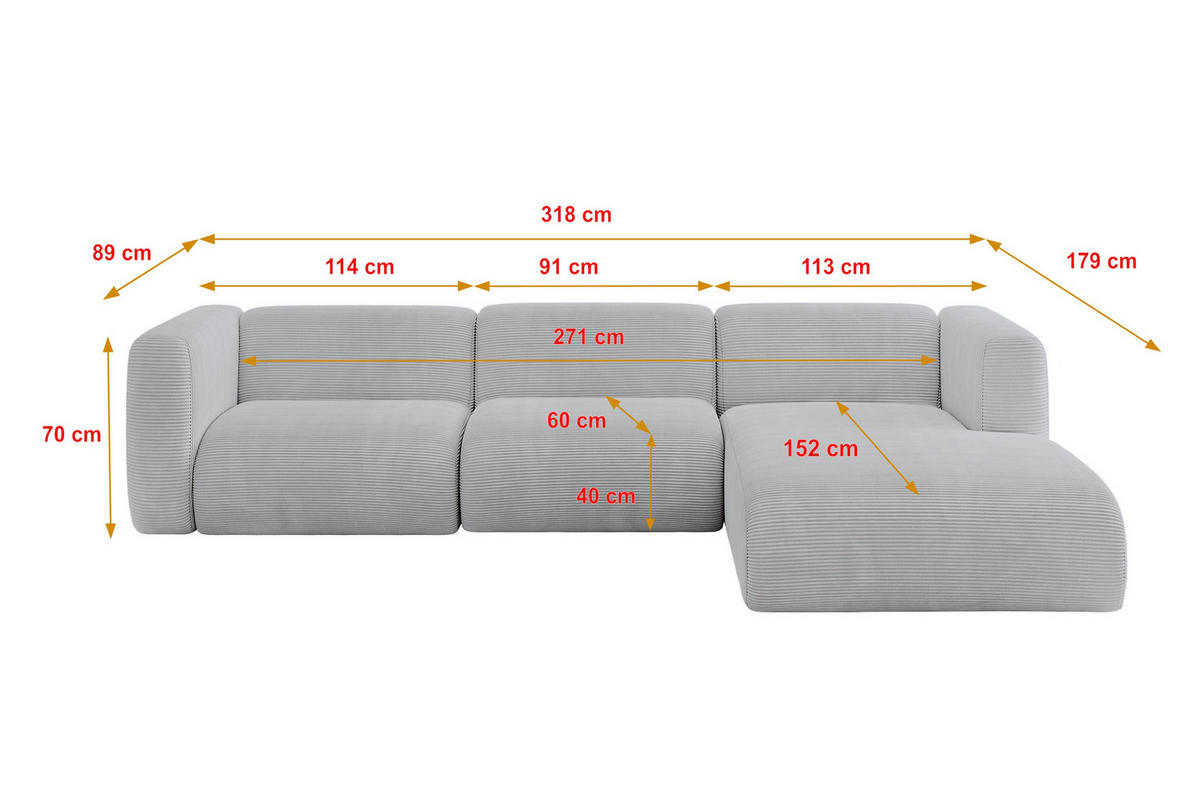 ECKSOFA Ottomane Rechts MIRA-L2 318x179x89 Grau Cord - Blaugrau/Schwarz, Holzwerkstoff/Kunststoff (318/179cm) - ALTDECOR