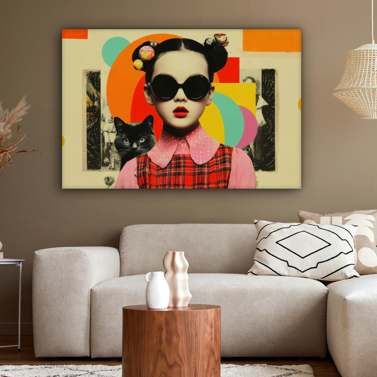 LEINWANDBILD Mädchen - Sonnenbrille - Katze - Retro Wohnzimmer Groß 120x80 cm - Beige, Textil (120/80cm) - MuchoWow