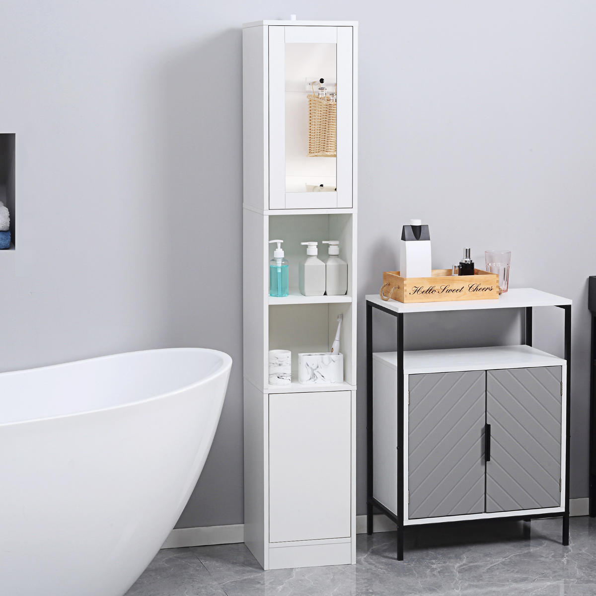 HOCHSCHRANK DE-12488 mit spiegel 30/28/170 cm Weiß - Weiß, Holzwerkstoff (28/170/30cm) - ComfortXL