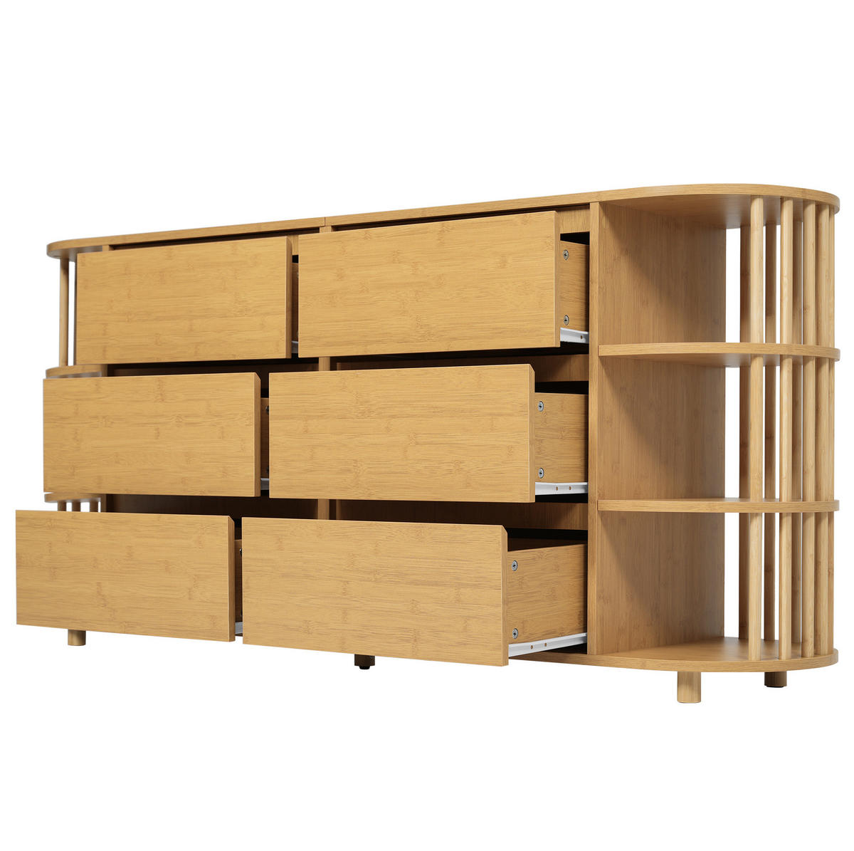 SIDEBOARD aus MDF und Bambus 160x40x75 cm Eiche mit 6 Schubladen, offenen Regalen und höhenverstellbaren Füßen - Naturfarben, Holzwerkstoff (160/75/40cm) - Modfu