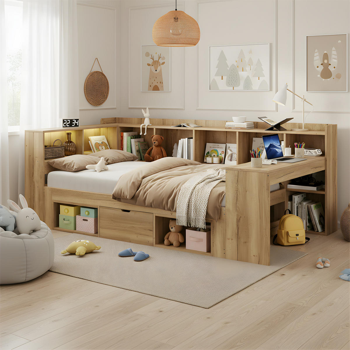 KINDEREINZELBETTEN aus MDF in Natur mit LED-Beleuchtung, USB/Type-C & Schreibtisch - Naturfarben, Holzwerkstoff (90/200cm) - Modfu