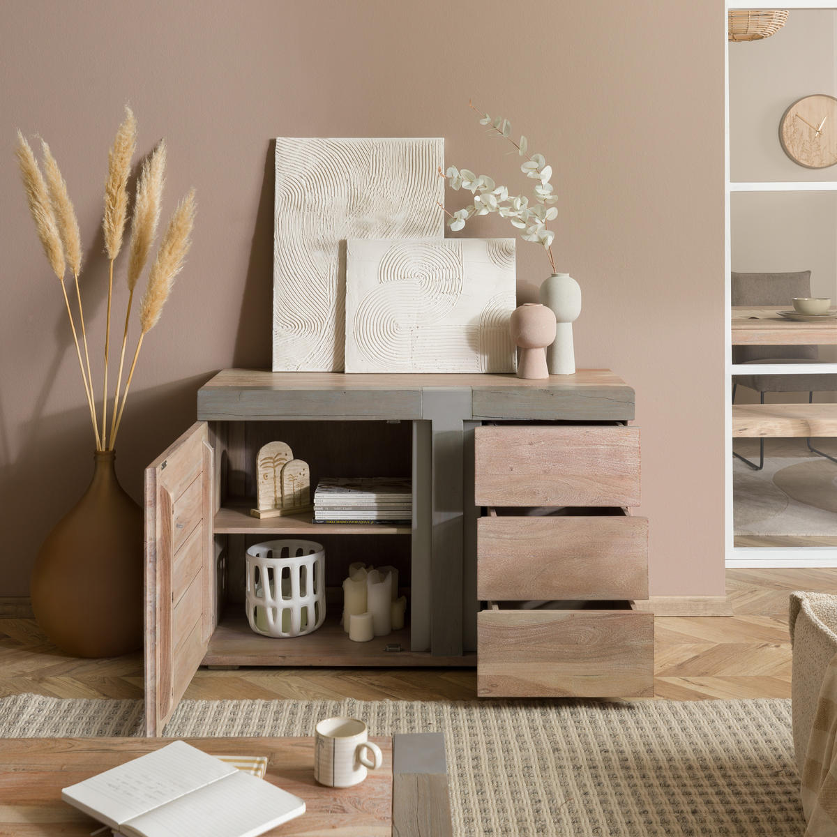 SIDEBOARD Akazie 115x45x75 beige lackiert Amsterdam #109 - Beige, Holz (115/75/45cm) - Massivmoebel24