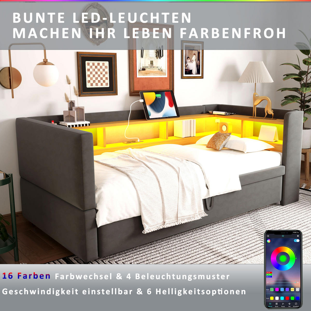 POLSTERBETT 90/180x190 cm mit LED-Beleuchtung und Steckdosen, Dunkelgrau - Dunkelgrau, Textil (90/190cm) - Flora Grace