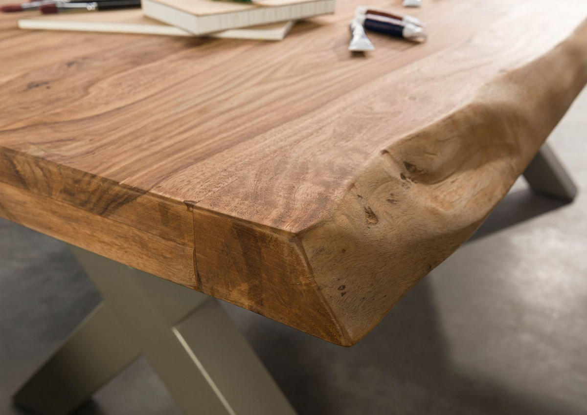 BAUMTISCH Sheesham 240x100x77 natur gebeizt / X-Beine silber matt FREEFORM 5 - Naturfarben, Holz (240/100/77cm) - Massivmoebel24