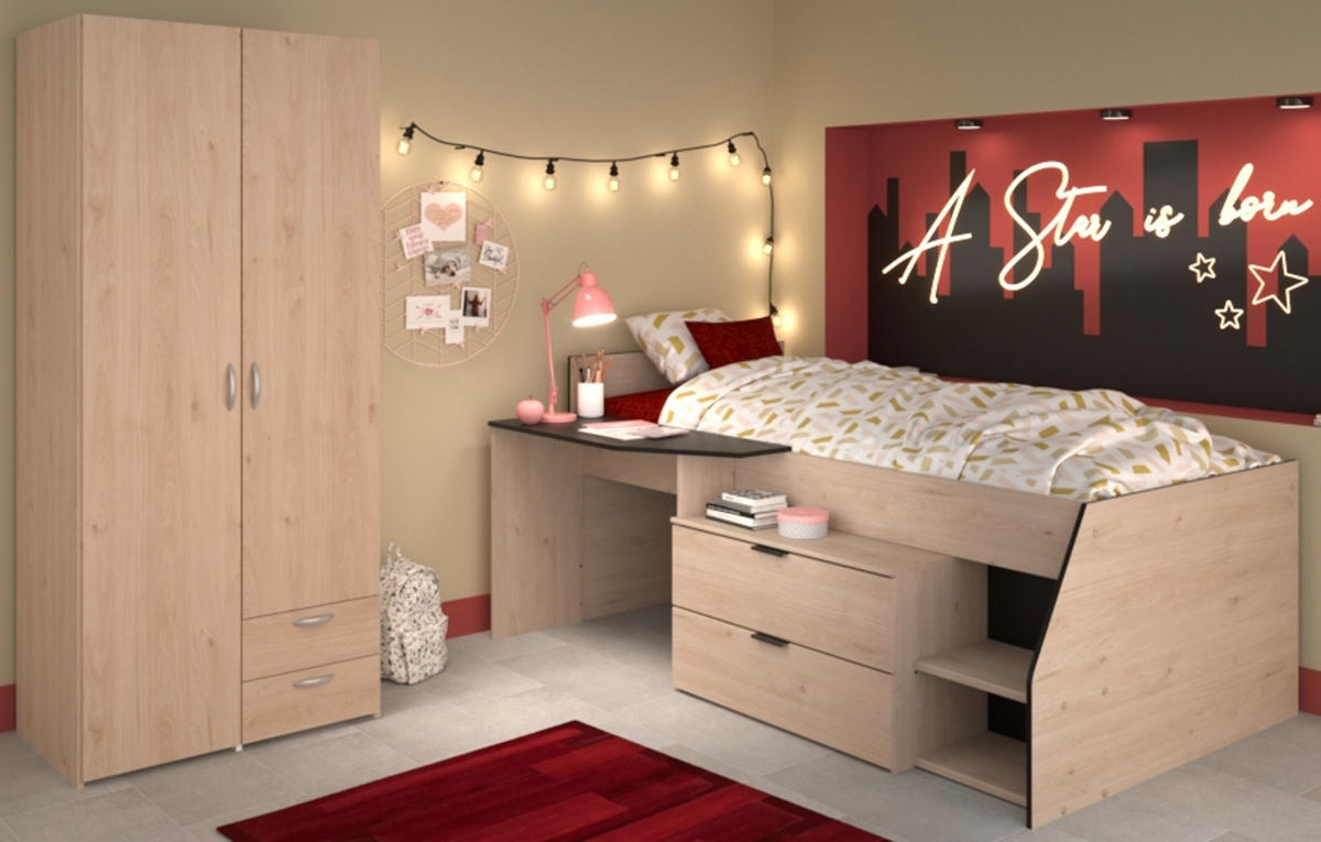 KINDERZIMMER-SET 2-teilig Eiche Jackson, schwarz, Jugendzimmer mit Stauraumbett - Eichefarben/Silberfarben, Holzwerkstoff/Kunststoff (203/185/135cm) - Parisot Meuble