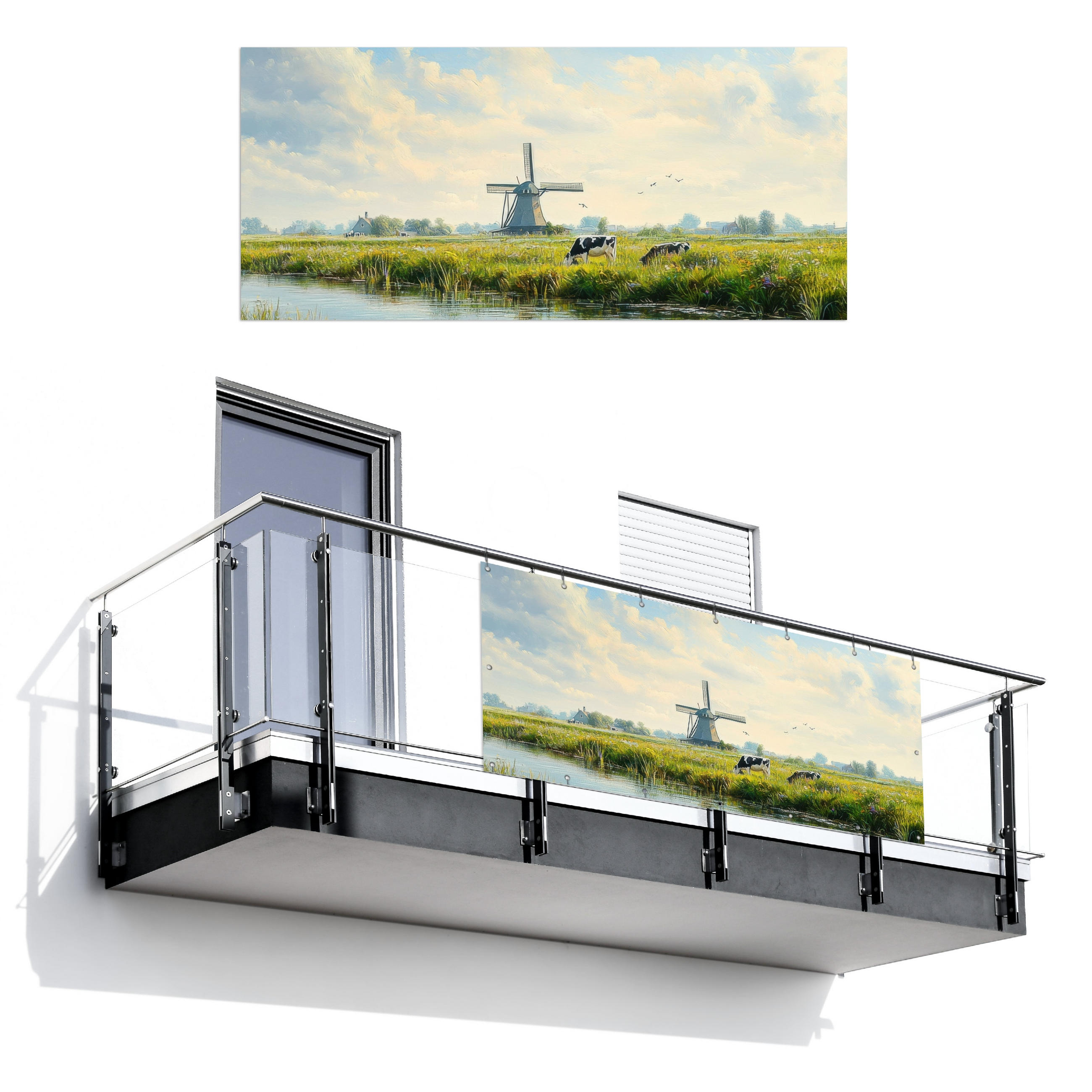 BALKON-SICHTSCHUTZ Kühe - Windmühle - Wiese - Blau - Grün, Kunststoff (200/90cm) - MuchoWow