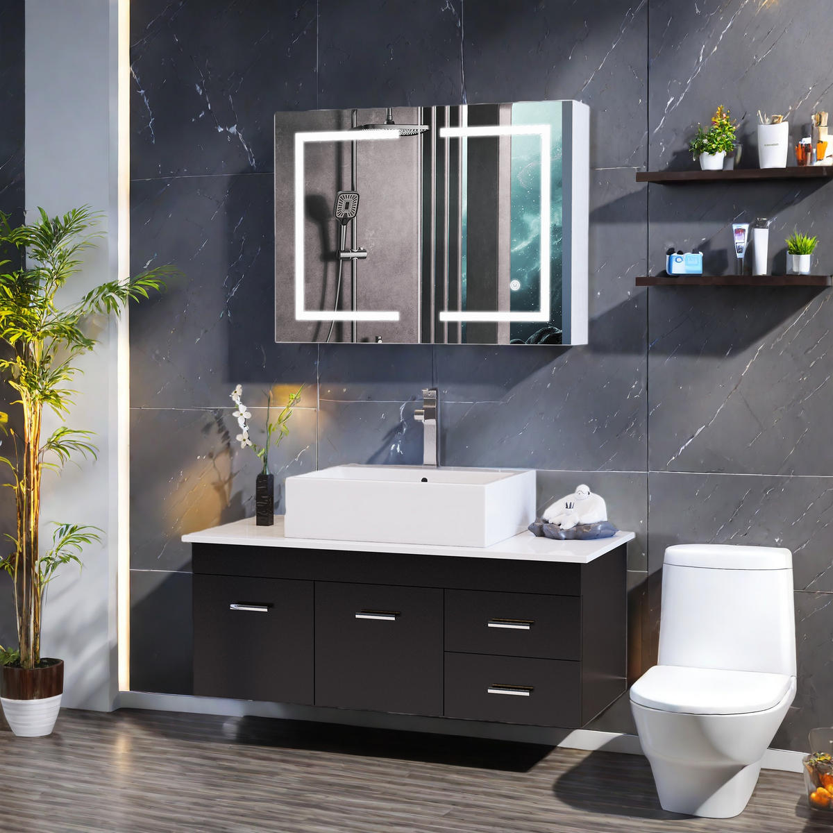 BADEZIMMER Spiegelschrank 80x60cm mit LED-Beleuchtung - Weiß, Glas (60/80/14cm) - SHOPENTRA
