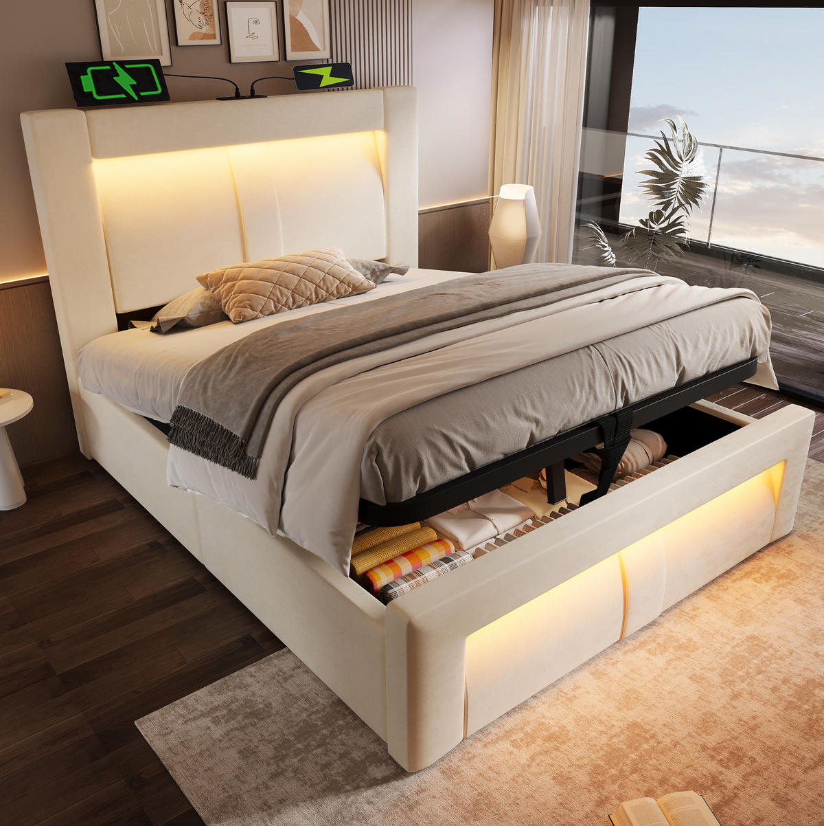 BETT mit Stauraum 90x200 cm Samt Beige mit LED und Ladeanschlüssen - Beige, Metall (90/200cm) - Meubliv