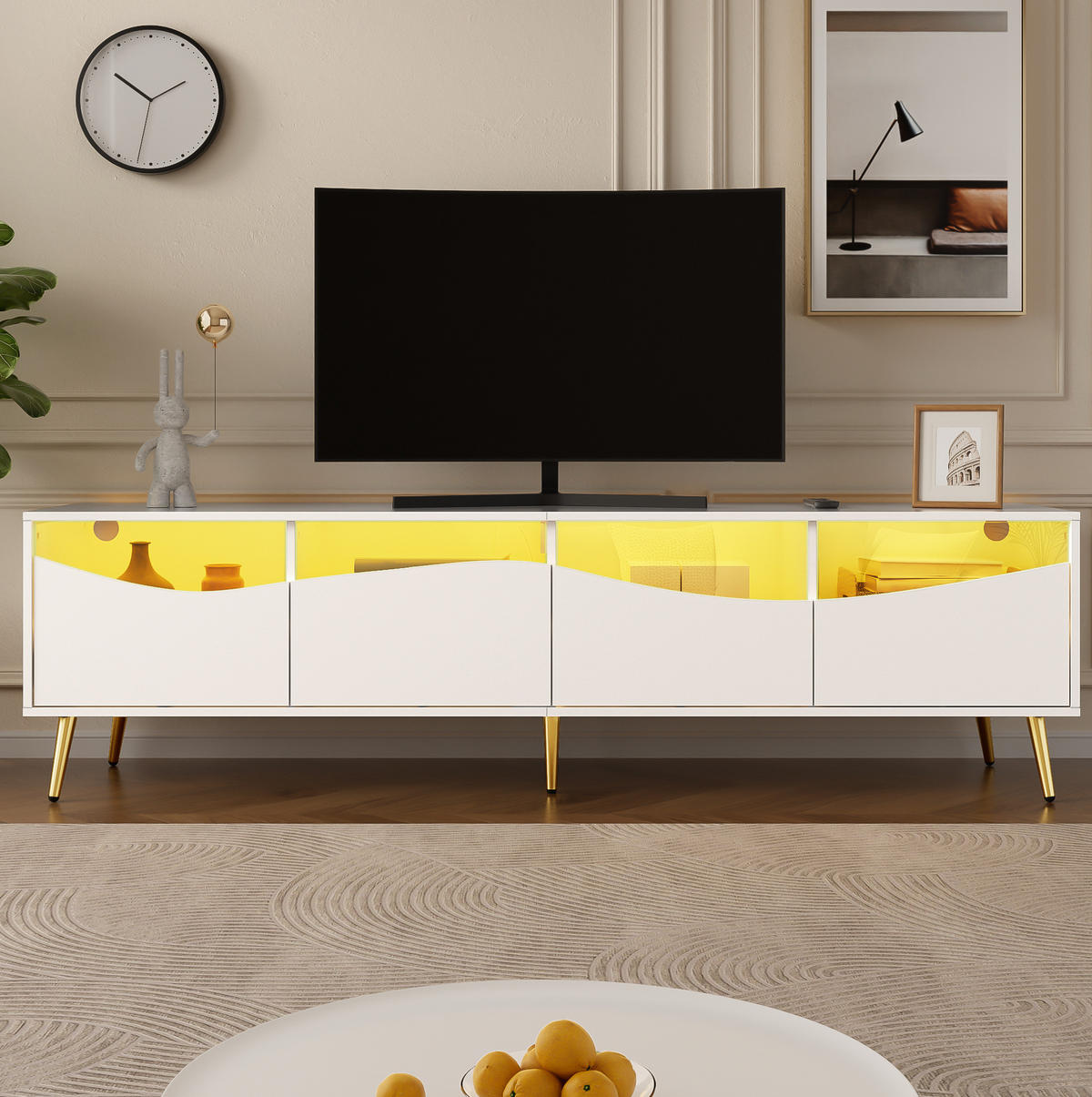 LOWBOARD 180/40/50 cm aus MDF mit LED-Beleuchtung, Glasfront und goldfarbenen Metallfüßen Weiß - Weiß, Holzwerkstoff (180/50/40cm) - Modenvie