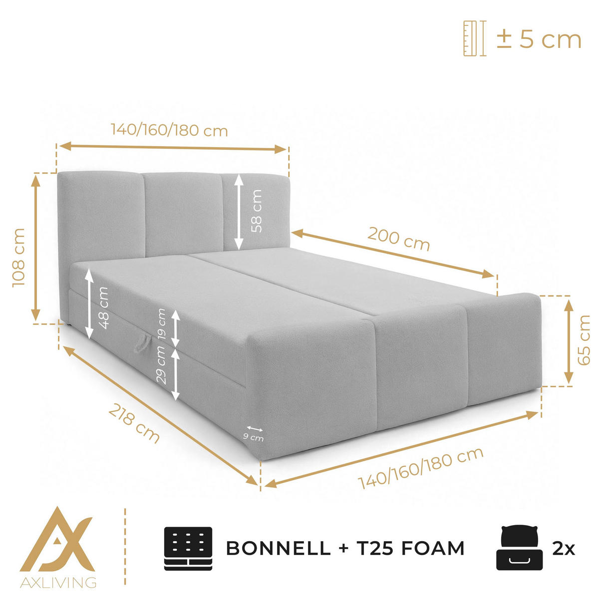 BOXBETT ANKARRA 140x200 cm mit Bettkasten und Matratze - Beige + TOPPER - Beige/Schwarz, Holz/Holzwerkstoff (140/200cm) - AX Living