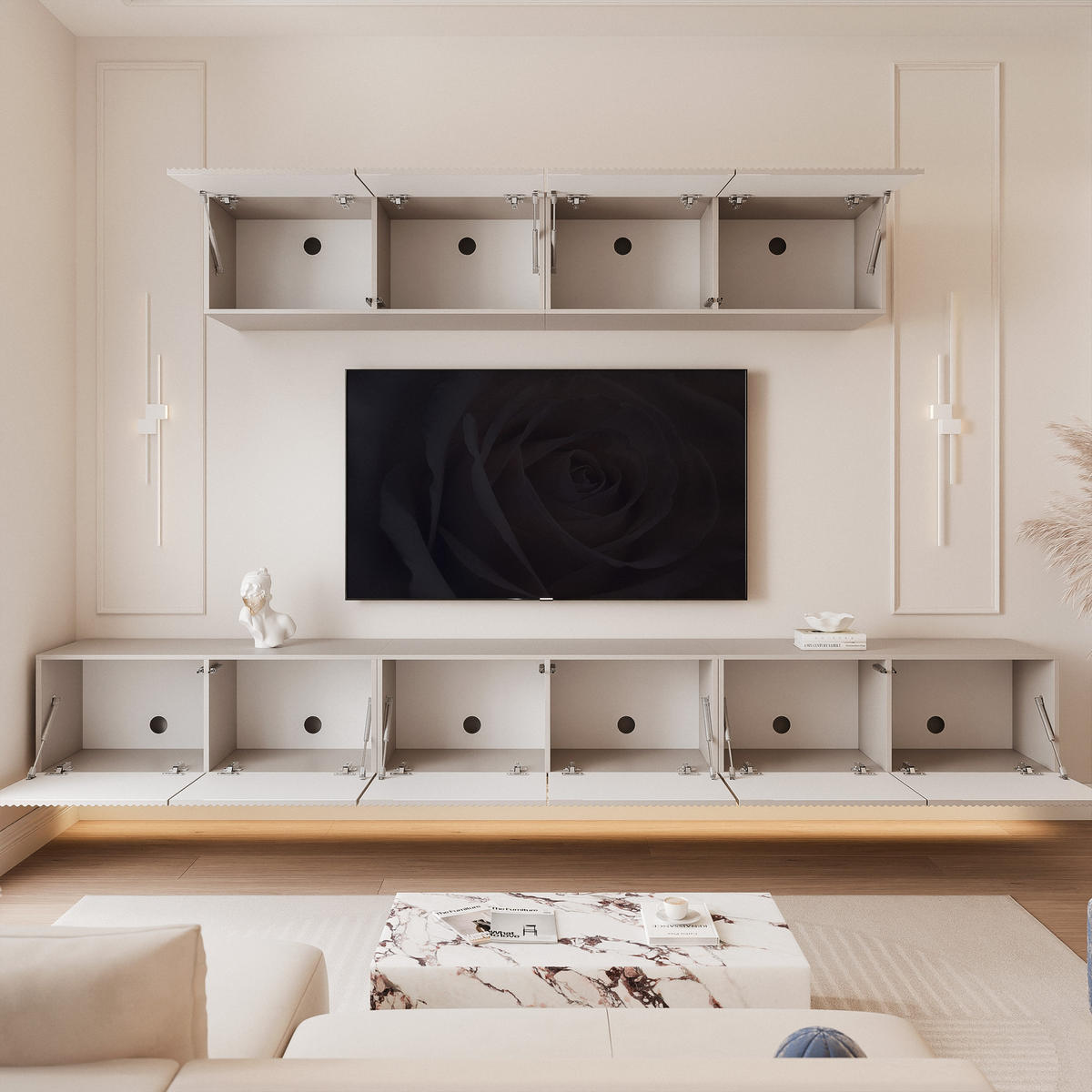 WOHNWAND ANGEL IV Kaschmir hängend mit LED-Beleuchtung 300 cm - Kaschmir, Holzwerkstoff (300/36/40cm) - Idohome