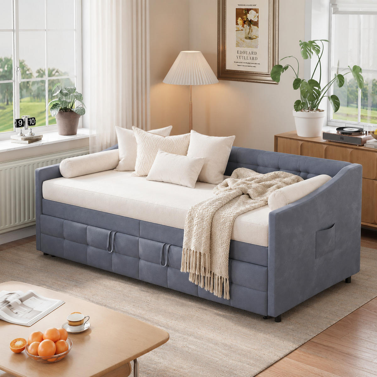 SCHLAFSOFA mit Ausziehfunktion und Stauraum, Polstersofa - Grau, Metall (193.5/75/215cm) - Joyfair