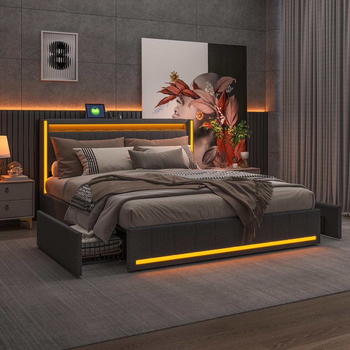 POLSTERBETT 140x190 cm Lumina Smart mit 3-Zonen RGB-LED, USB & USB-C, 4 Schubladen, Leinen-Optik, Dunkelgrau - Grau, Textil (140/190cm) - DELFA