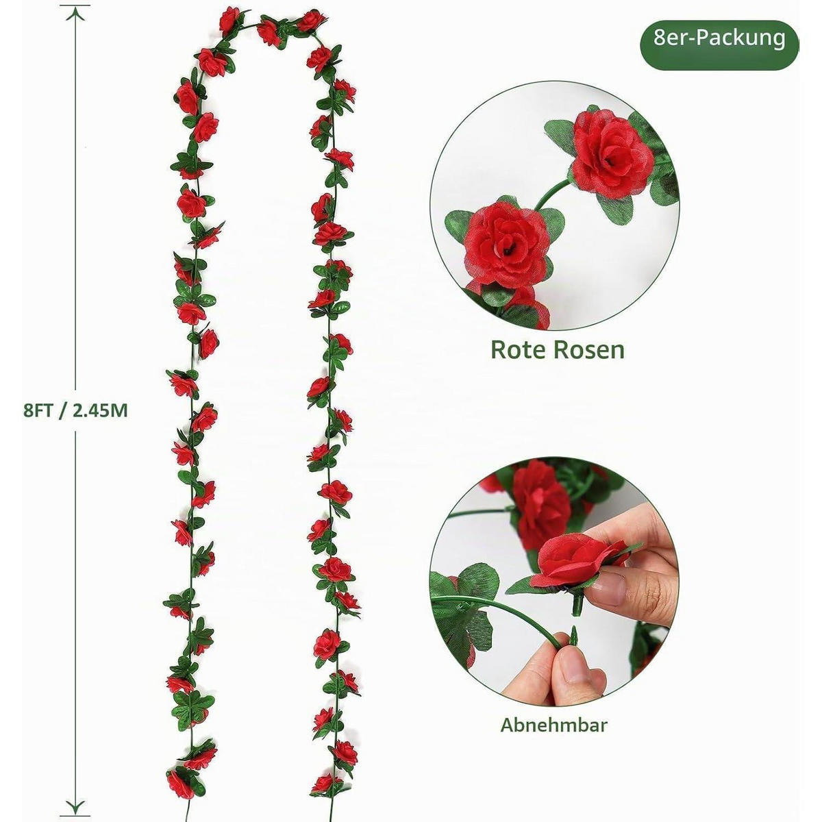 KÜNSTLICHE Blumengirlande 8-teiliges Set Rot Rosen 2,45 m - Rot, Kunststoff (1cm)