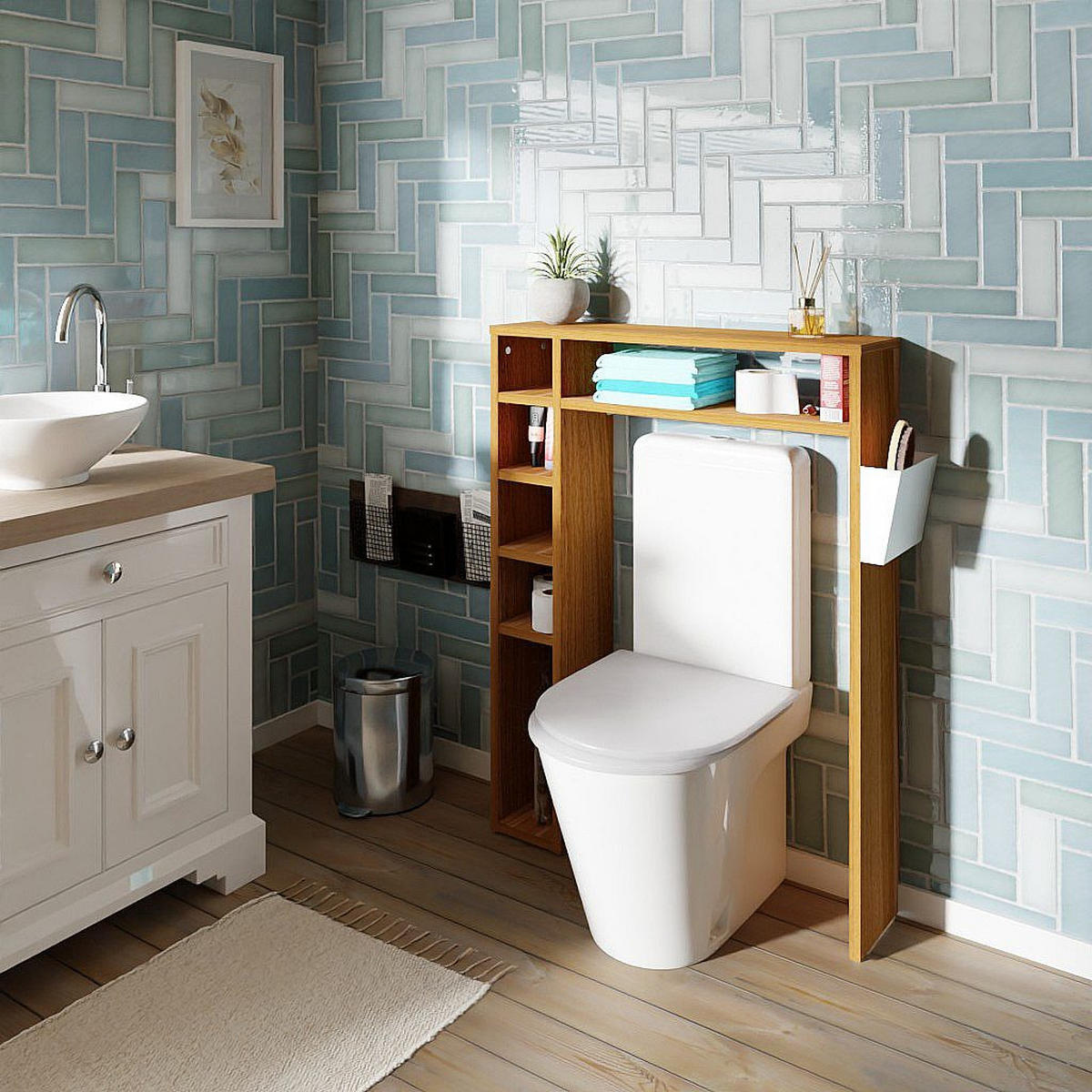 BADEZIMMERREGAL „Helmer“ Levira – 80 × 21 × 106 cm, Weiß/Eiche-Optik, schlank & modern - Braun, Holz (80/106/21cm) - Letti Moderni