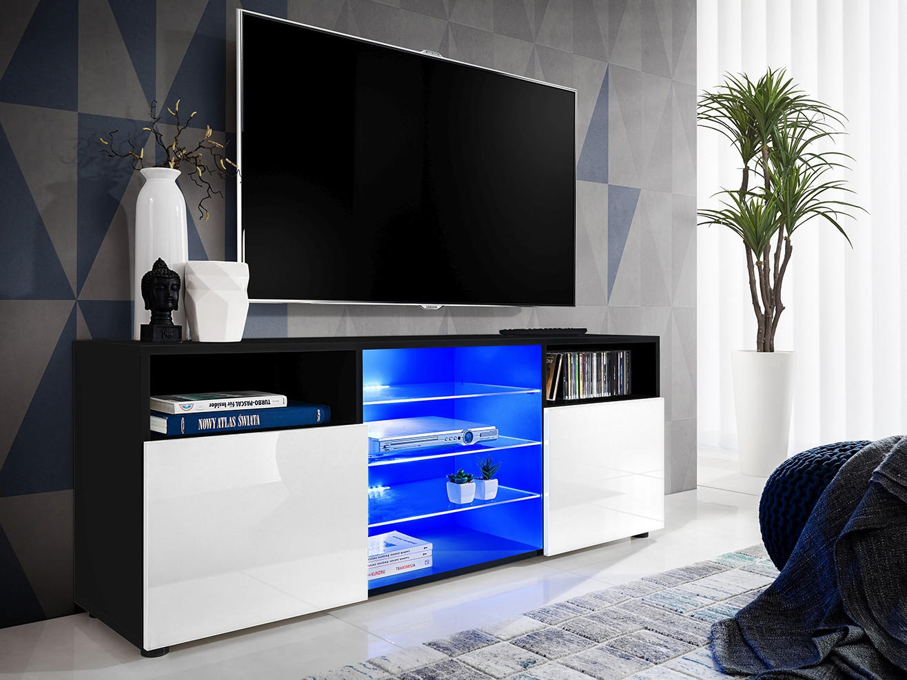 SIDEBOARD TV URBINO Black, Blau LED Beleuchtung - Schwarz/Weiß, Glas/Holzwerkstoff (140/53/35cm) - Komodee