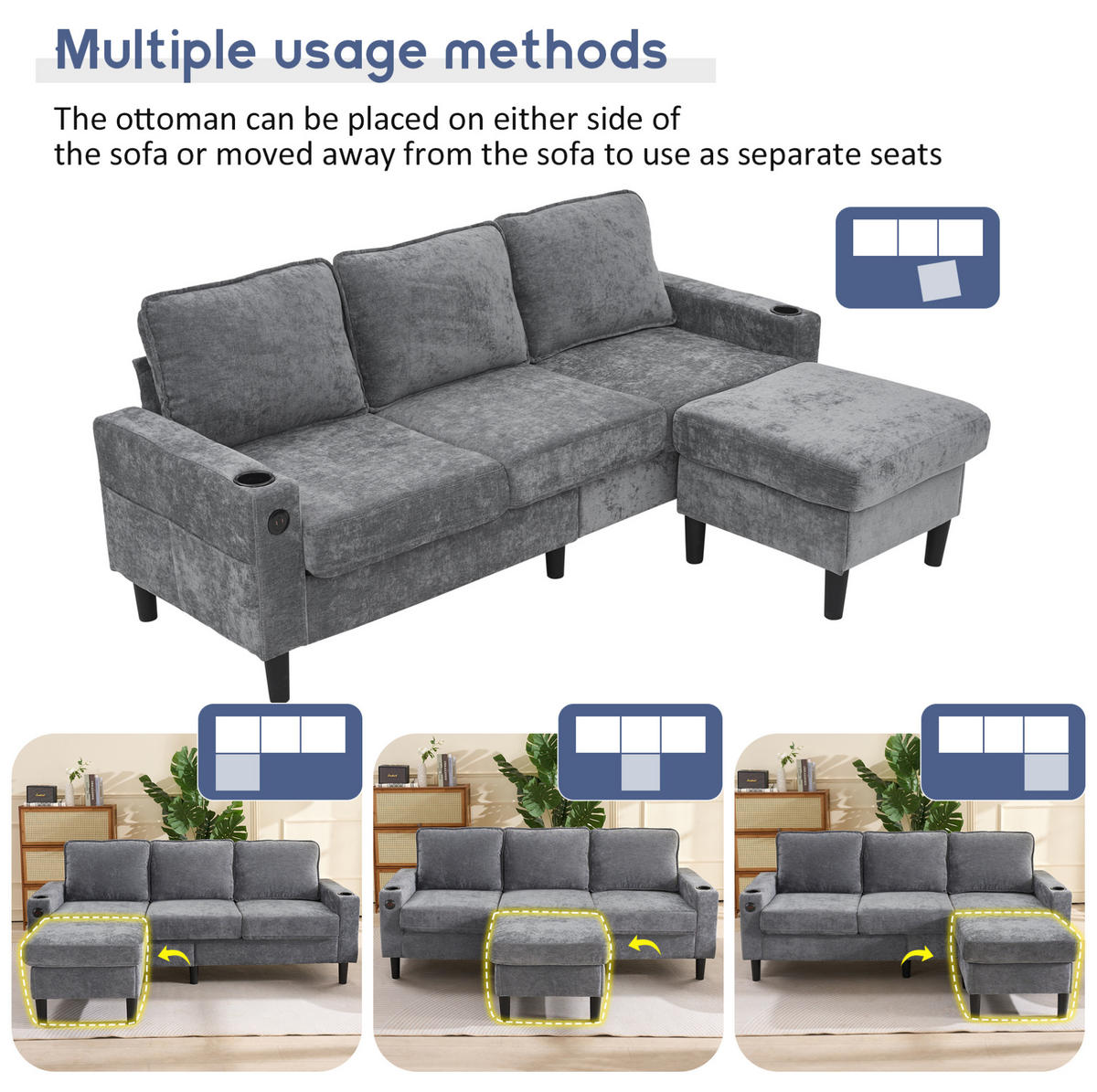 ECKSOFA 202/137/80 cm Grau aus Leinen mit USB und Typ-C - Grau, Textil (137/202cm) - OKMYHOME