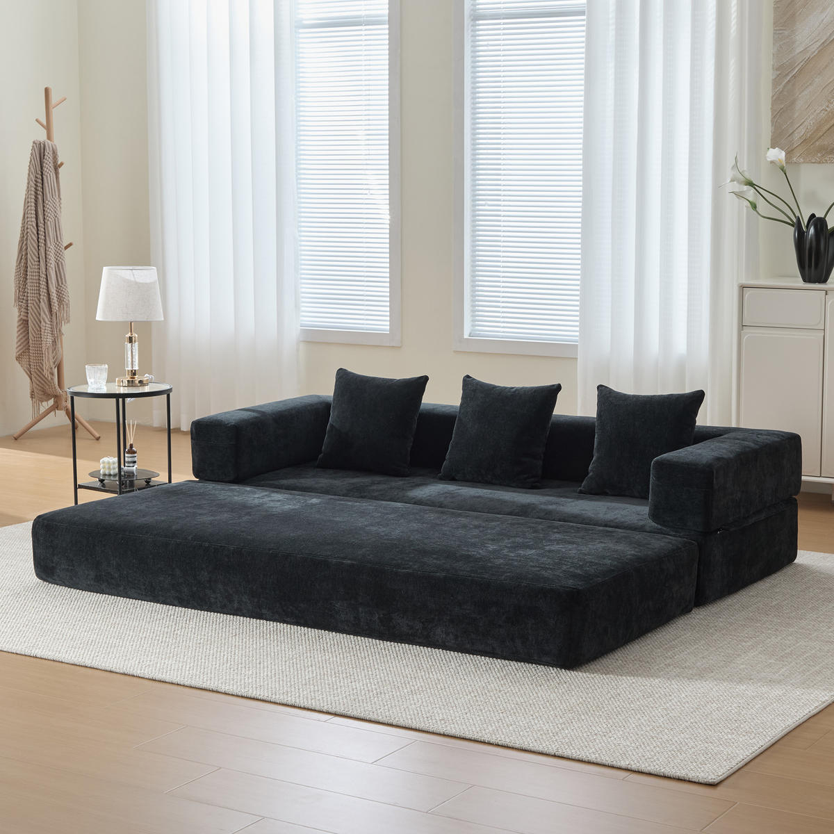 SCHLAFSOFA 198/79/60 cm Schwarz mit Aufbewahrungstaschen - Schwarz, Textil (198/60/79cm) - Oxeza