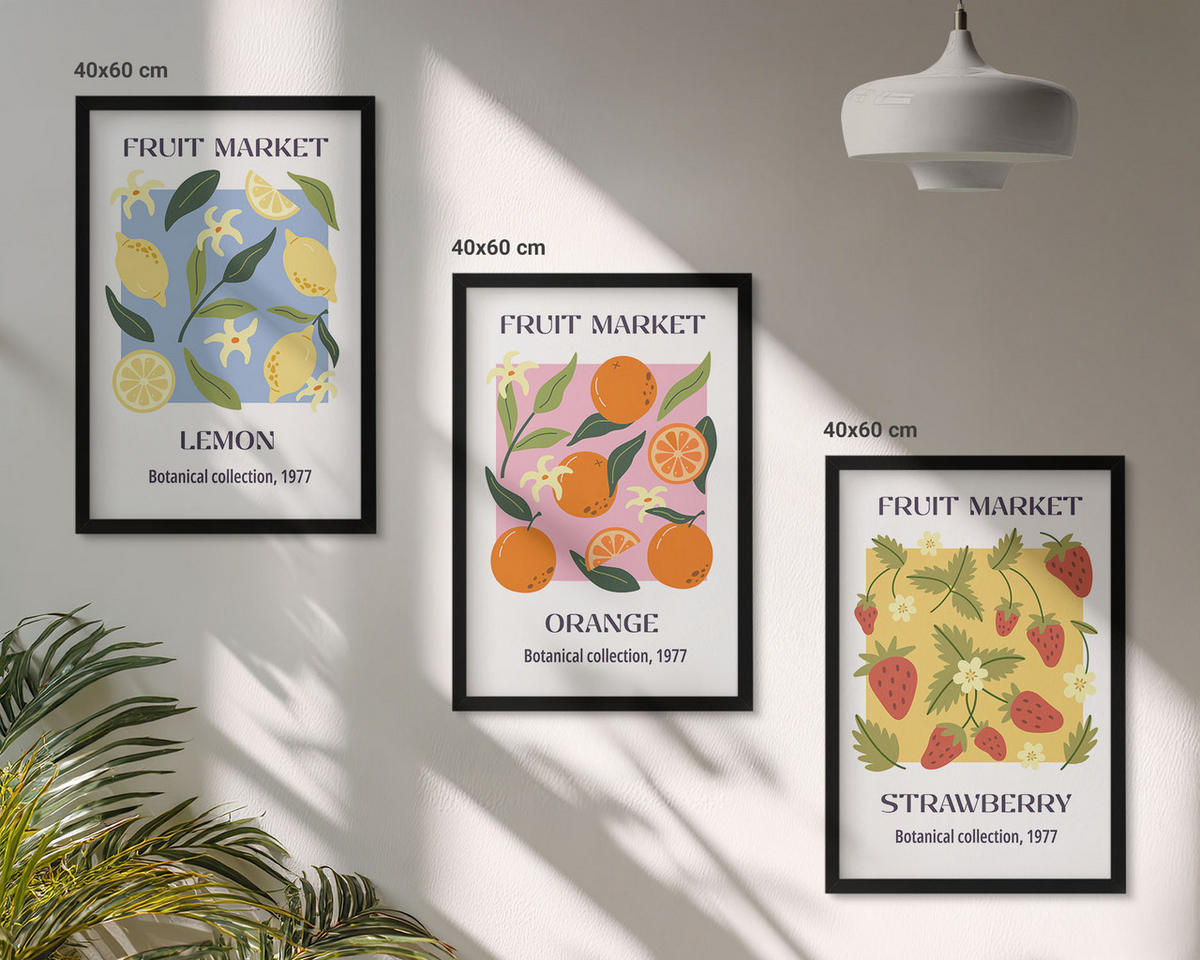 BILDER SET 3er Set - 40x60 cm Schwarzer Rahmen - Fruchtposter Zitronen Erdbeeren - Schwarz, Kunststoff (40/60cm) - TULUP