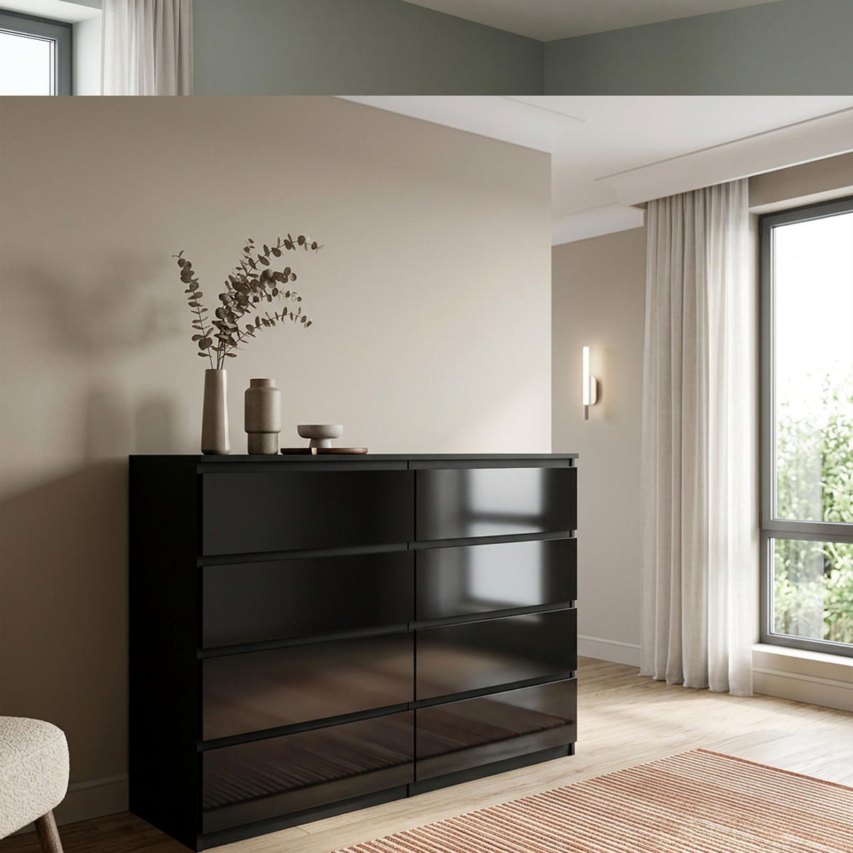 KOMMODE NUDO 120/101,5/39cm mit 8 Schubladen Türen Schwarz - Schwarz Hochglanz/Schwarz, Holzwerkstoff (120/101.5/39cm) - MASSENO