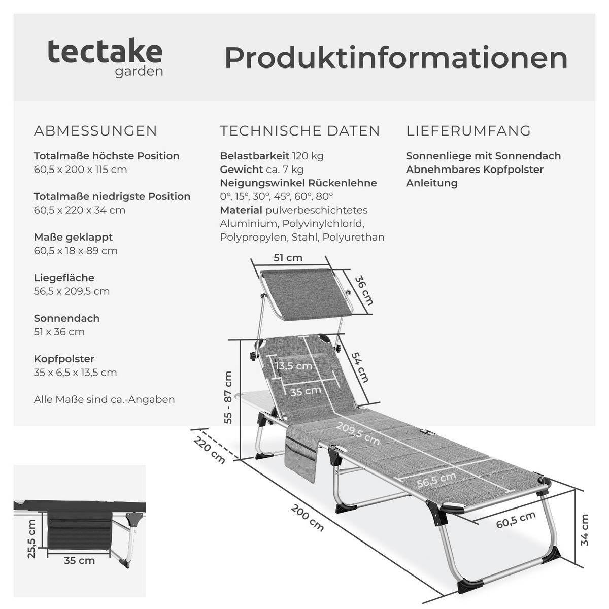 SONNENLIEGE Lorella,220 x 60,5 x 34 cm, mit Seitentasche ,grau-meliert - Grau, Kunststoff (60.5/115/200cm) - tectake