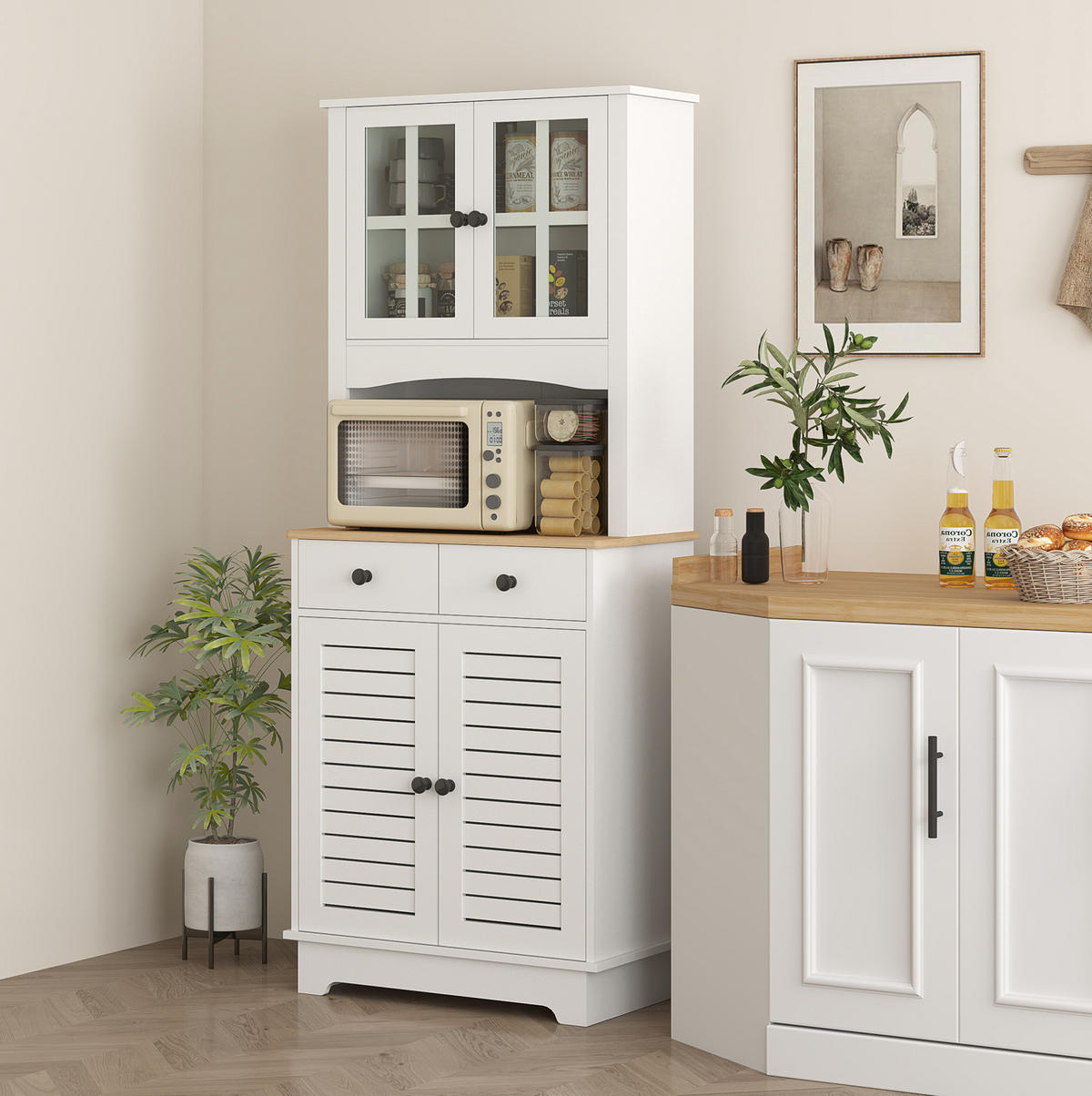 BUFFET aus MDF und Kautschukholz 68x39,5x170 cm Weiß mit verstellbaren Regalen, Lamellentüren und 2 Schubladen - Weiß, Holzwerkstoff (68/170/39.5cm) - Modfu