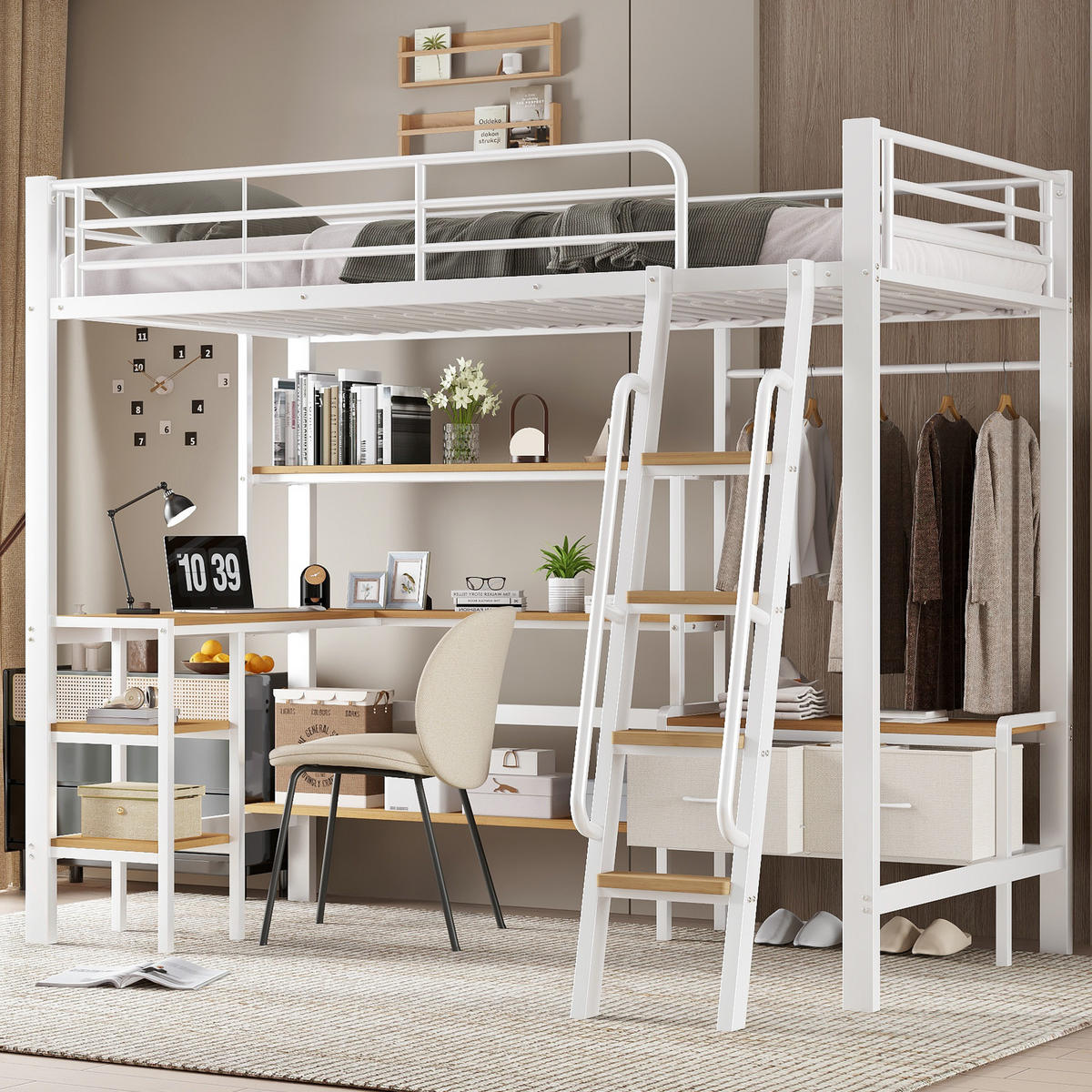 HOCHBETT 90/200 cm in Weiß & Natur mit Schreibtisch, Regal und 2 Stoffboxen Metall & Holz-Design - Weiß, Metall (90/200cm) - STILVORA