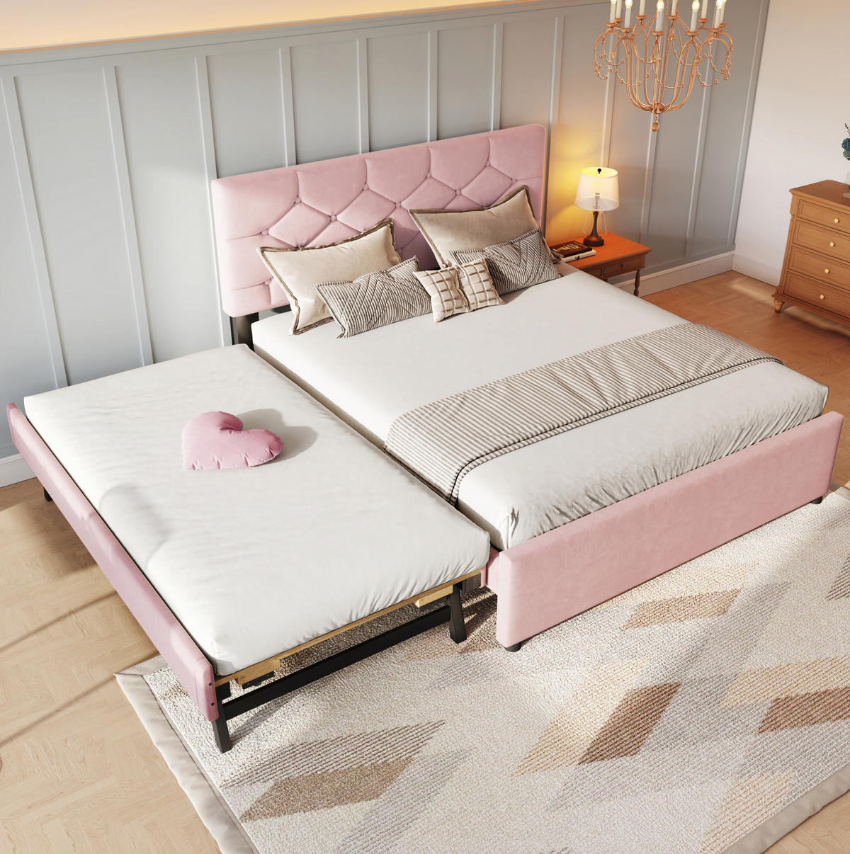 POLSTERBETT 140/200 cm mit Lattenrost, ausziehbarem Rollbett und Samtbezug, Rosa - Rosa, Textil (140/200cm) - Redom