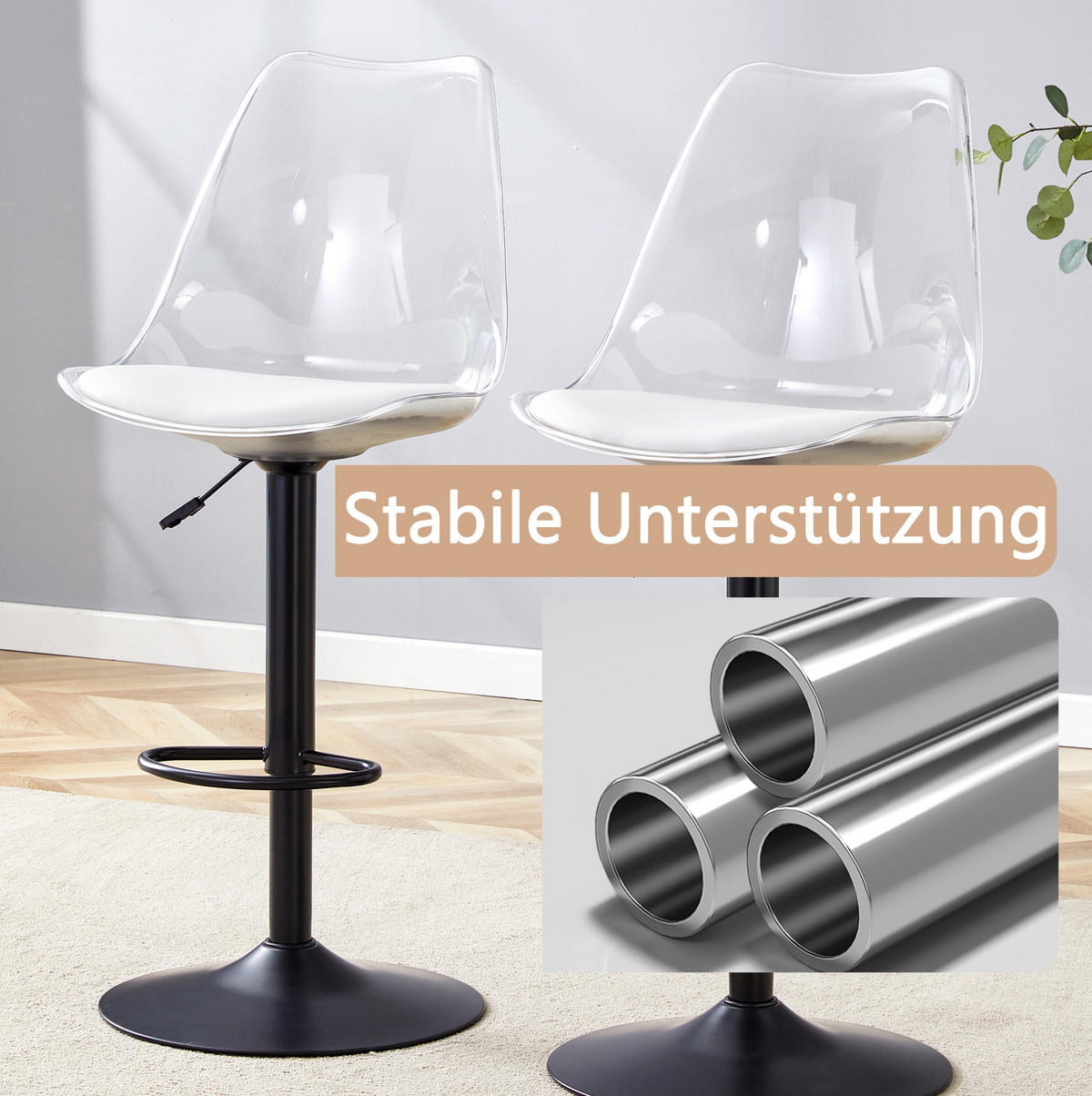 BARHOCKER 2er-Set höhenverstellbar 60-80 cm drehbar Schwarz Transparent - Schwarz, Metall (53.3/120/45.7cm) - Meubliv