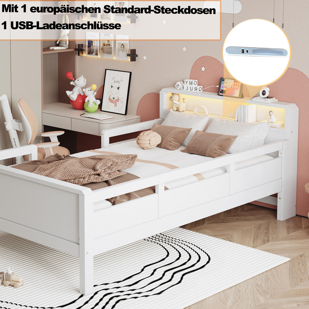 BETT 90/200 cm aus Kiefernholz mit LED, Weiß - Weiß, Holz (90/200cm) - OKMYHOME