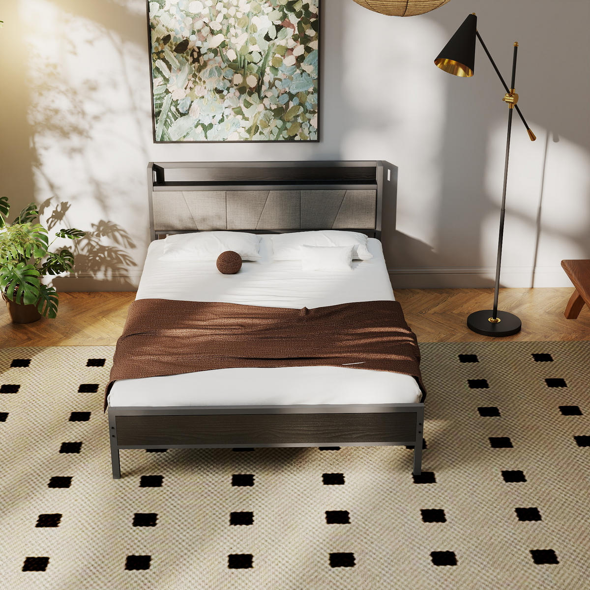METALLBETT 140/200 cm mit Gepolstertes Kopfteil und USB, ohne Matratze - Schwarz, Holzwerkstoff/Textil (140/200cm) - WISHDOR