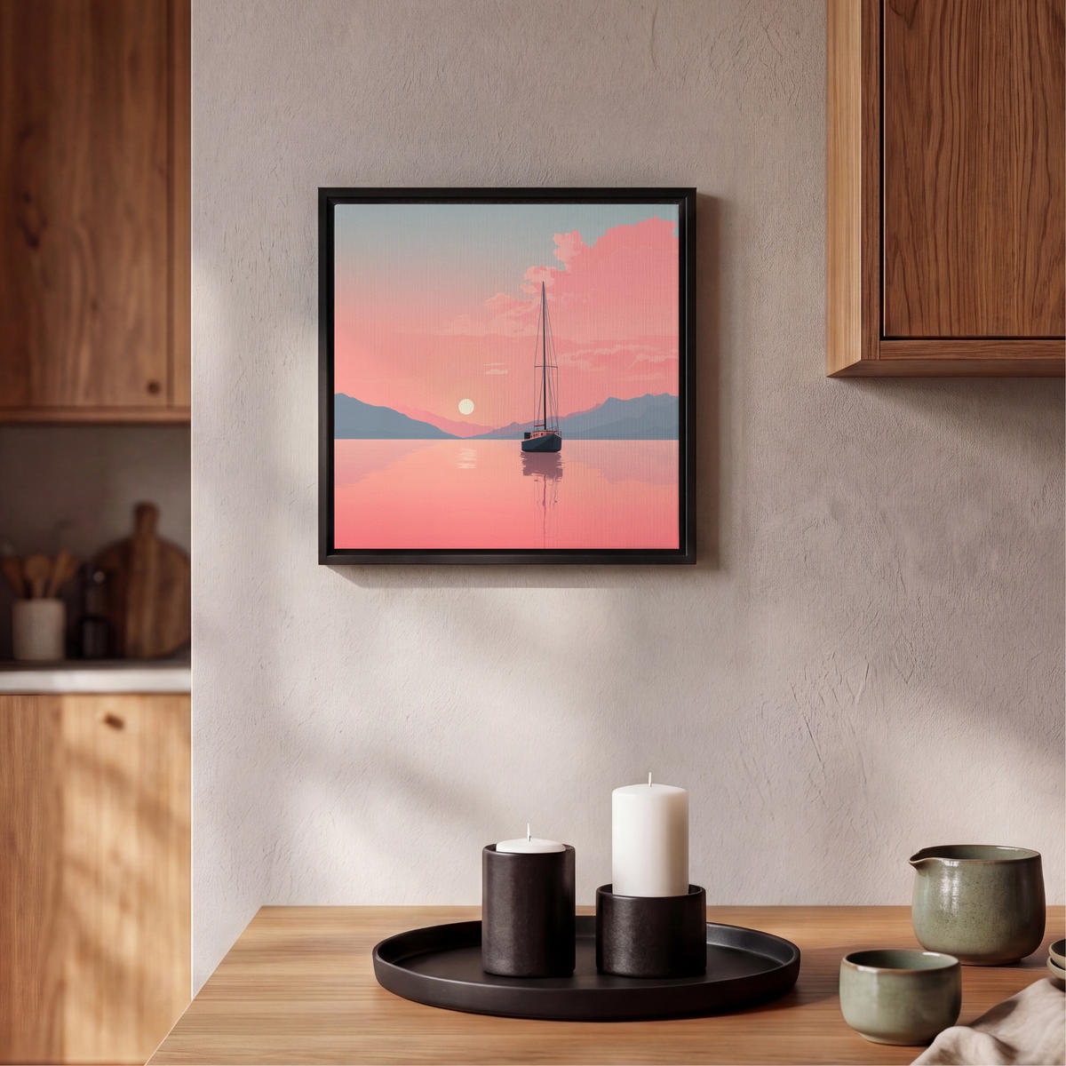 LEINWAND Bilder mit Rahmen - Segelboot - Rosa Meer - Sonnenuntergang - Berge - 20x20 - Rosa, Textil (20/20cm) - OnlyWow