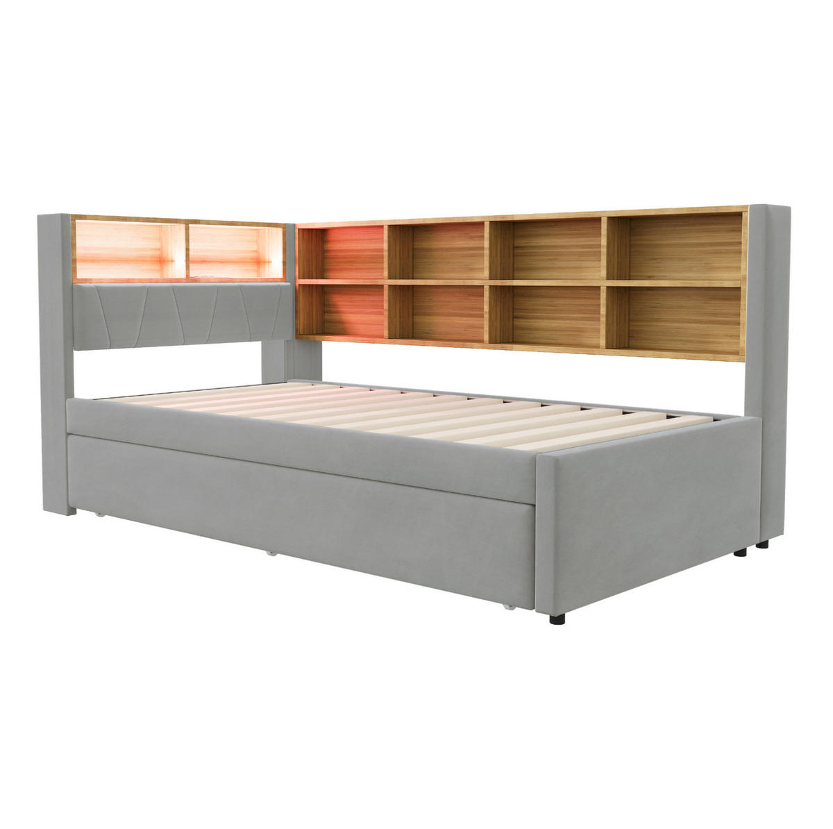 BETT mit Ausziehbett 90/200 und 90/190 cm mit LED-Beleuchtung und Ladeanschlüssen Flanell Hellgrau - Hellgrau, Textil (90/200cm) - OKWISH