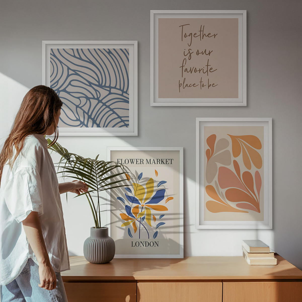 BILDER SET 4er Set - 50x50 cm & 40x60 cm Weißer Rahmen - Moderne abstrakte Blumen - Weiß, Kunststoff (50/50cm) - TULUP