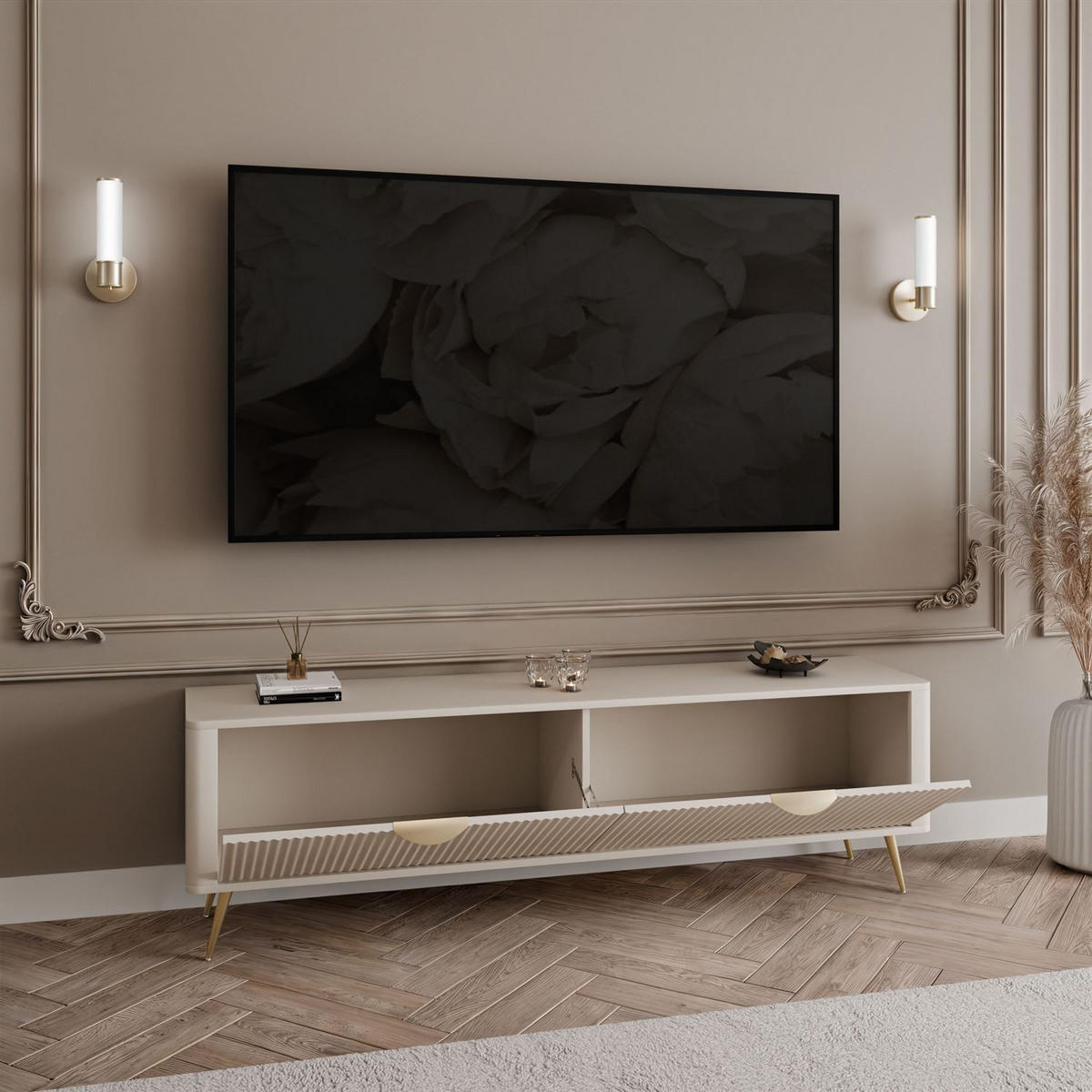 TV-UNIT SCARLETT 2D 163 CM BEIGE + GOLD - Beige/Goldfarben, Holzwerkstoff (163/51/38cm) - Lookway