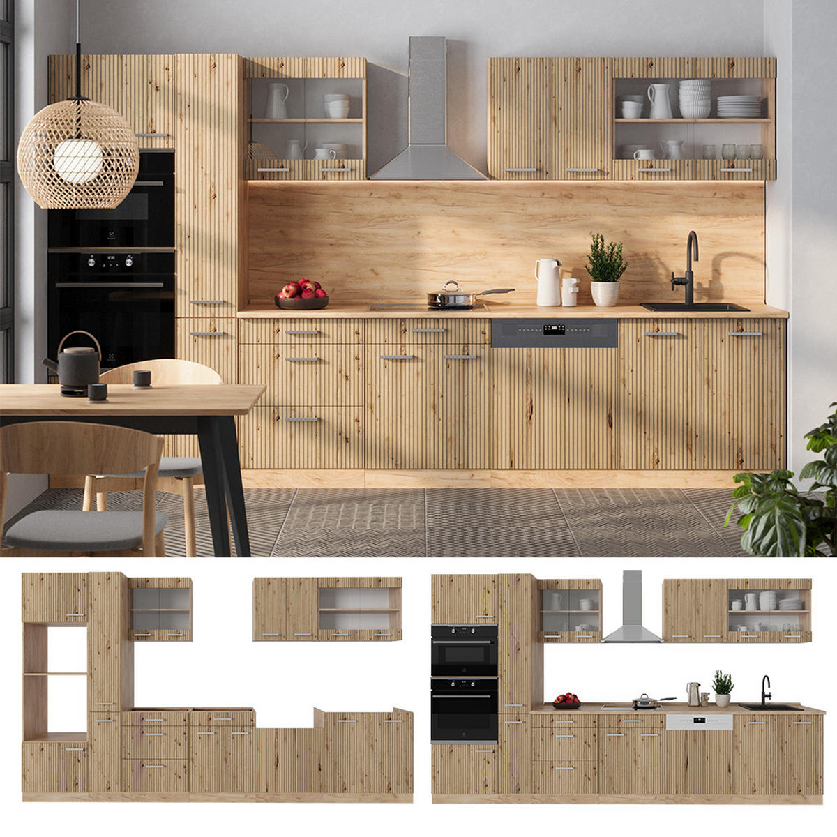 KÜCHENZEILE R-Line Artisan-Eiche/Goldkraft Eiche 350 cm AP Anthrazit - Honigeiche/Eiche Artisan, Holzwerkstoff (350/81.6/60cm) - Vicco