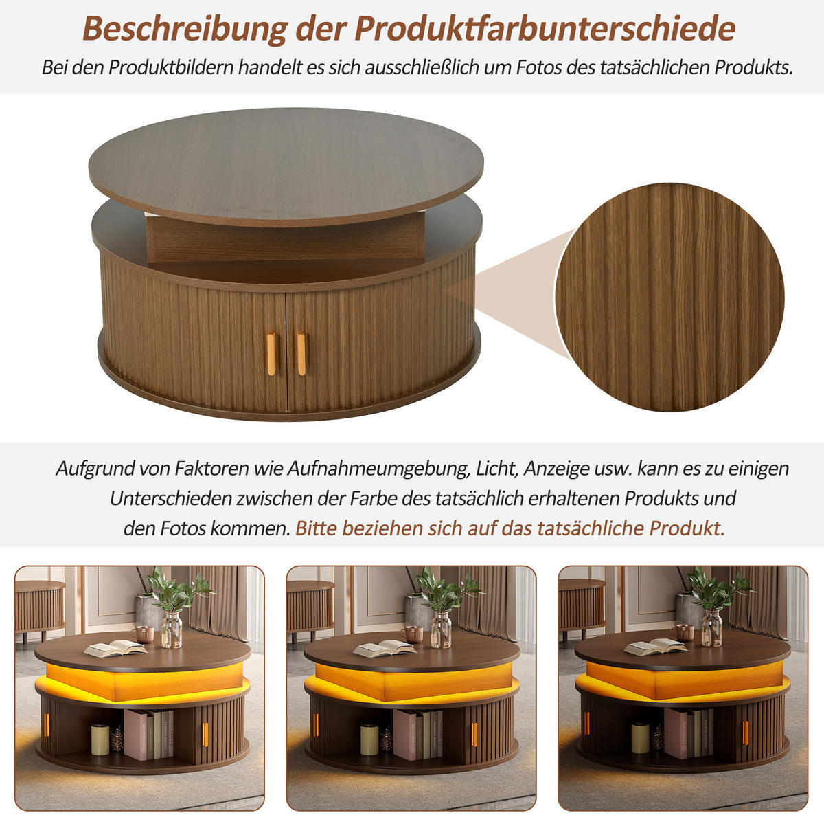 COUCHTISCH 75/75/52 cm aus MDF, höhenverstellbar mit LED-Beleuchtung, Rollladentüren und Stauraum, Walnussfarben - Nussbaumfarben, Holzwerkstoff (75/75/52cm) - Redom