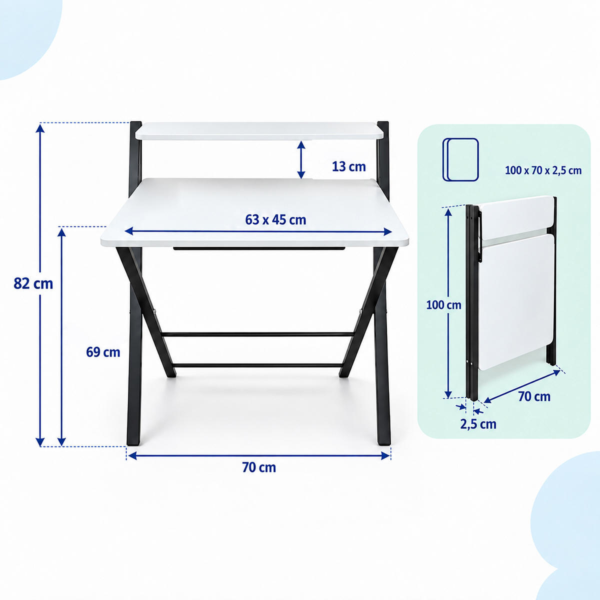 BIROU Negru pliabil cu suport monitor 70x56 cm - negru, compozit lemnos/metal (56/70/82cm) - Relaxdays
