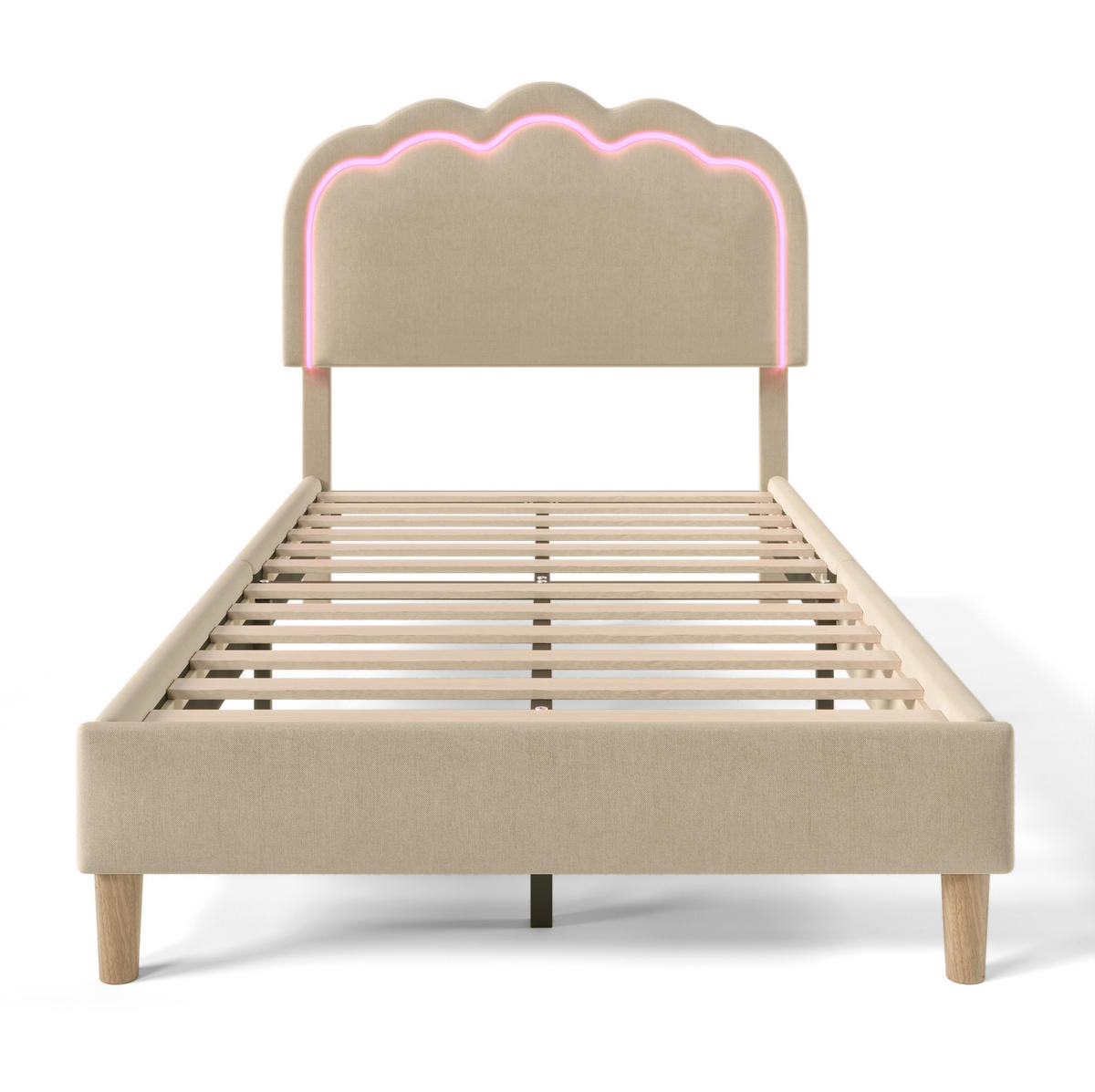 POLSTERBETT 90/200 cm beige mit LED und höhenverstellbarem Kopfteil - Beige, Textil (90/200cm) - OKWISH