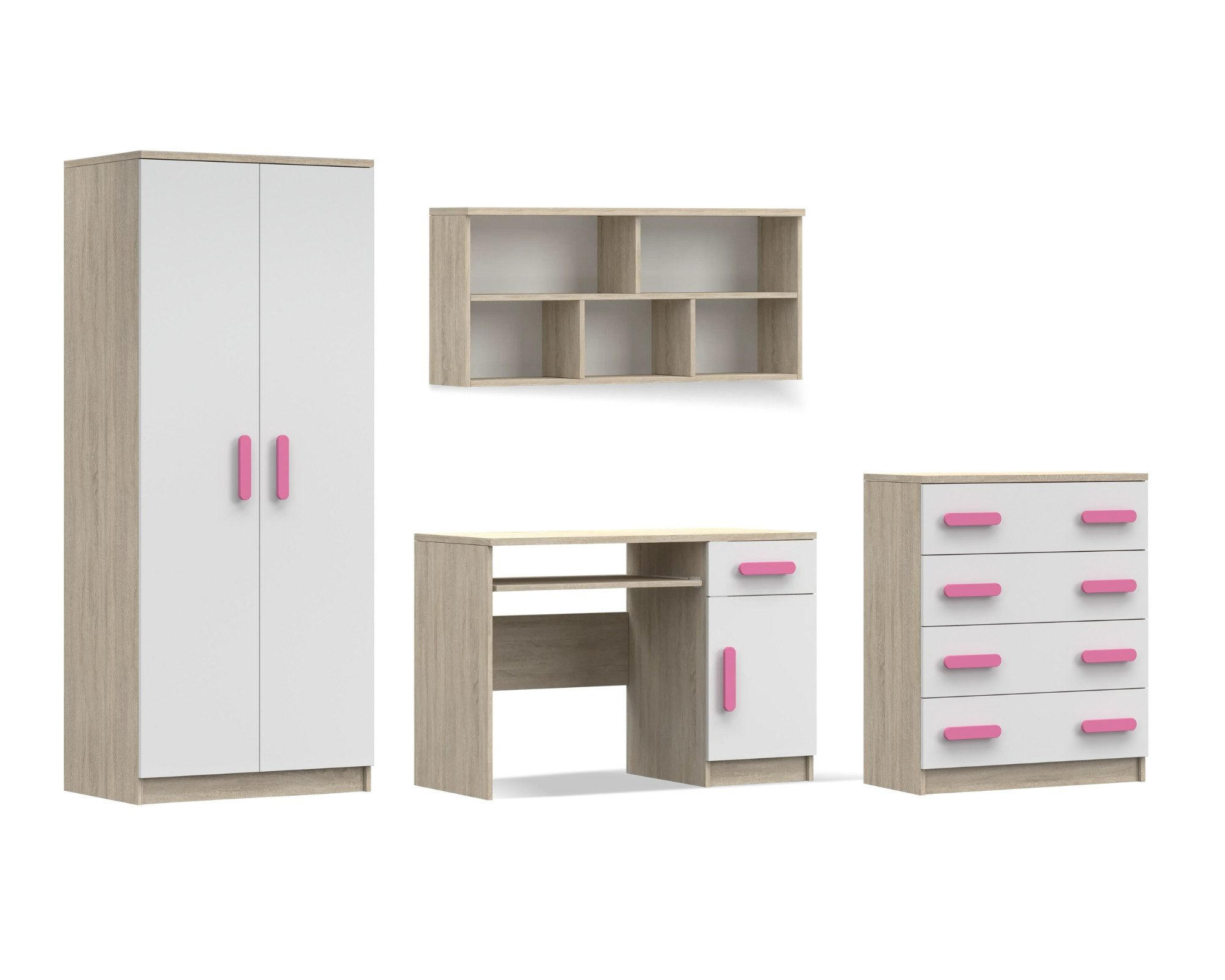KINDERZIMMER-SET INGE III 4-teilig Weiß+Sonoma/Rosa - Weiß/Rosa, Holzwerkstoff (270/193/50cm) - Deine Möbel 24