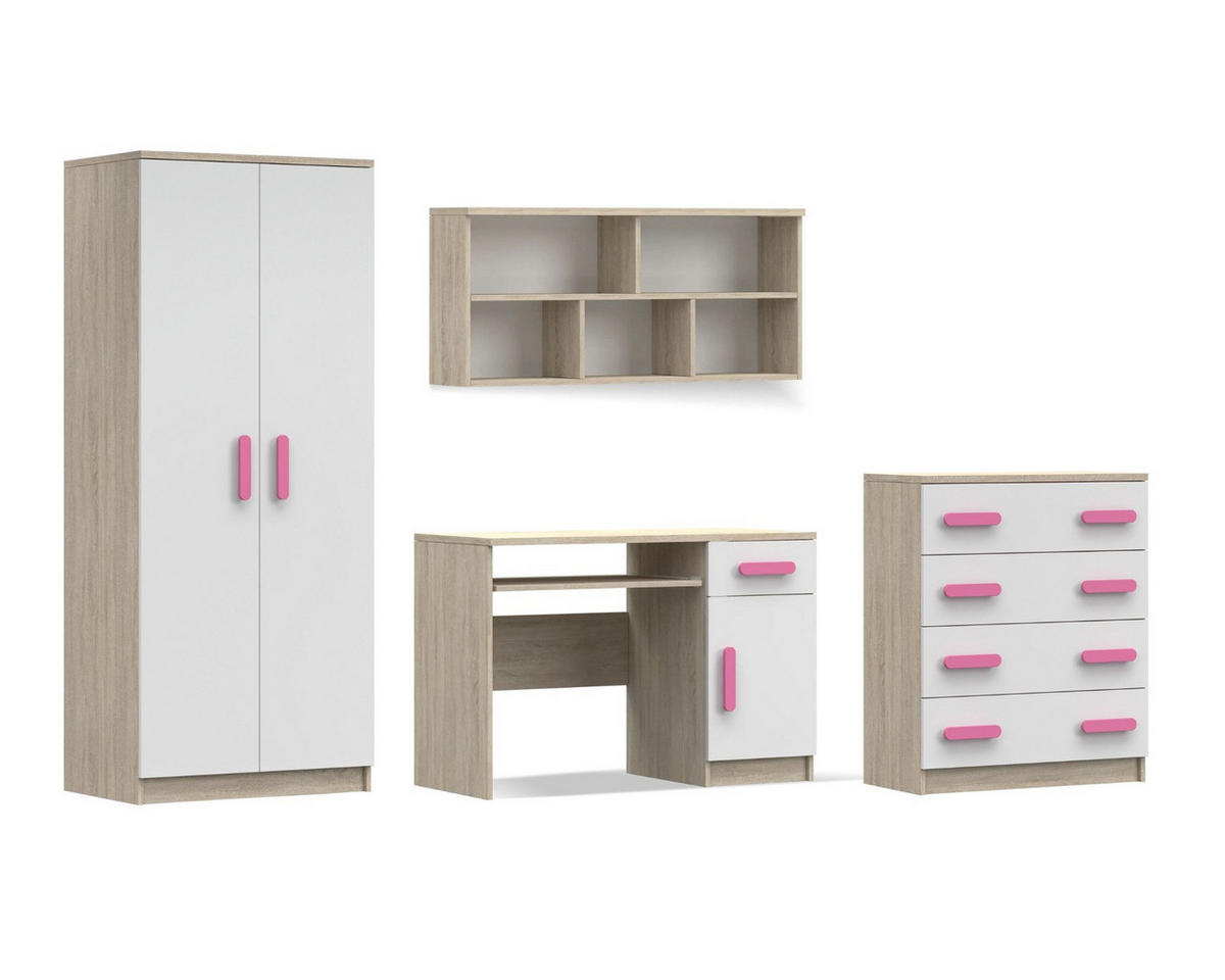 KINDERZIMMER-SET INGE III 4-teilig Weiß+Sonoma/Rosa - Weiß/Rosa, Holzwerkstoff (270/193/50cm) - Deine Möbel 24