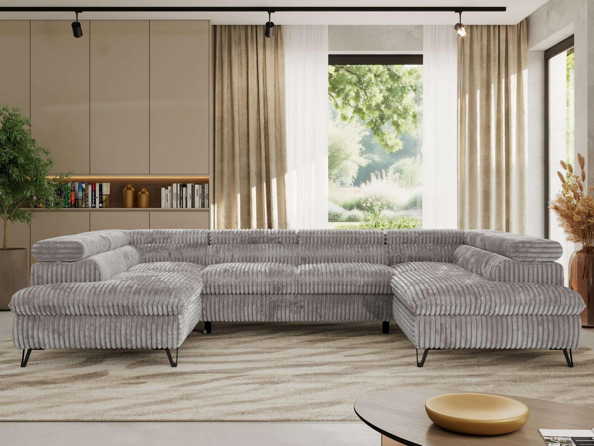 WOHNLANDSCHAFT PABLO U Cord Hellgrau mit Topper T25 - Hellgrau/Schwarz, Textil/Metall (346/76/208cm) - MKS