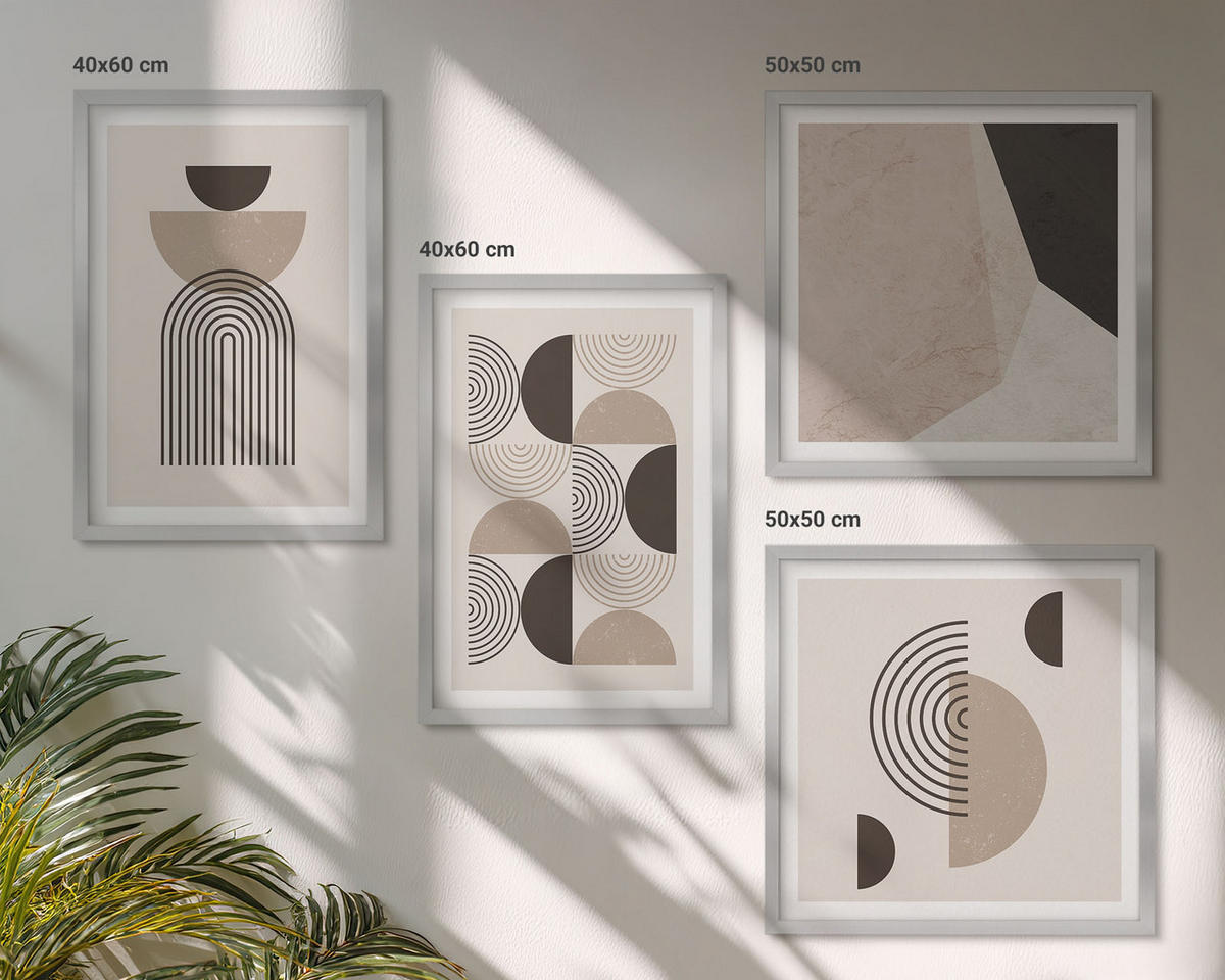 WANDBILDER 4er Set - 50x50 cm & 40x60 cm Silberner Rahmen - Abstrakte geometrische Muster - Silberfarben, Kunststoff (50/50cm) - ArtPrintCave