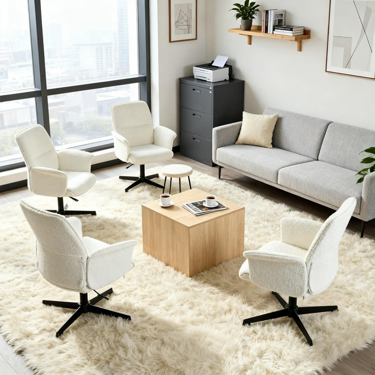 DREHSTUHL 4er Set in Eisen Bouclé - Weiß, Metall (63/94/66cm) - Meubles Cosy