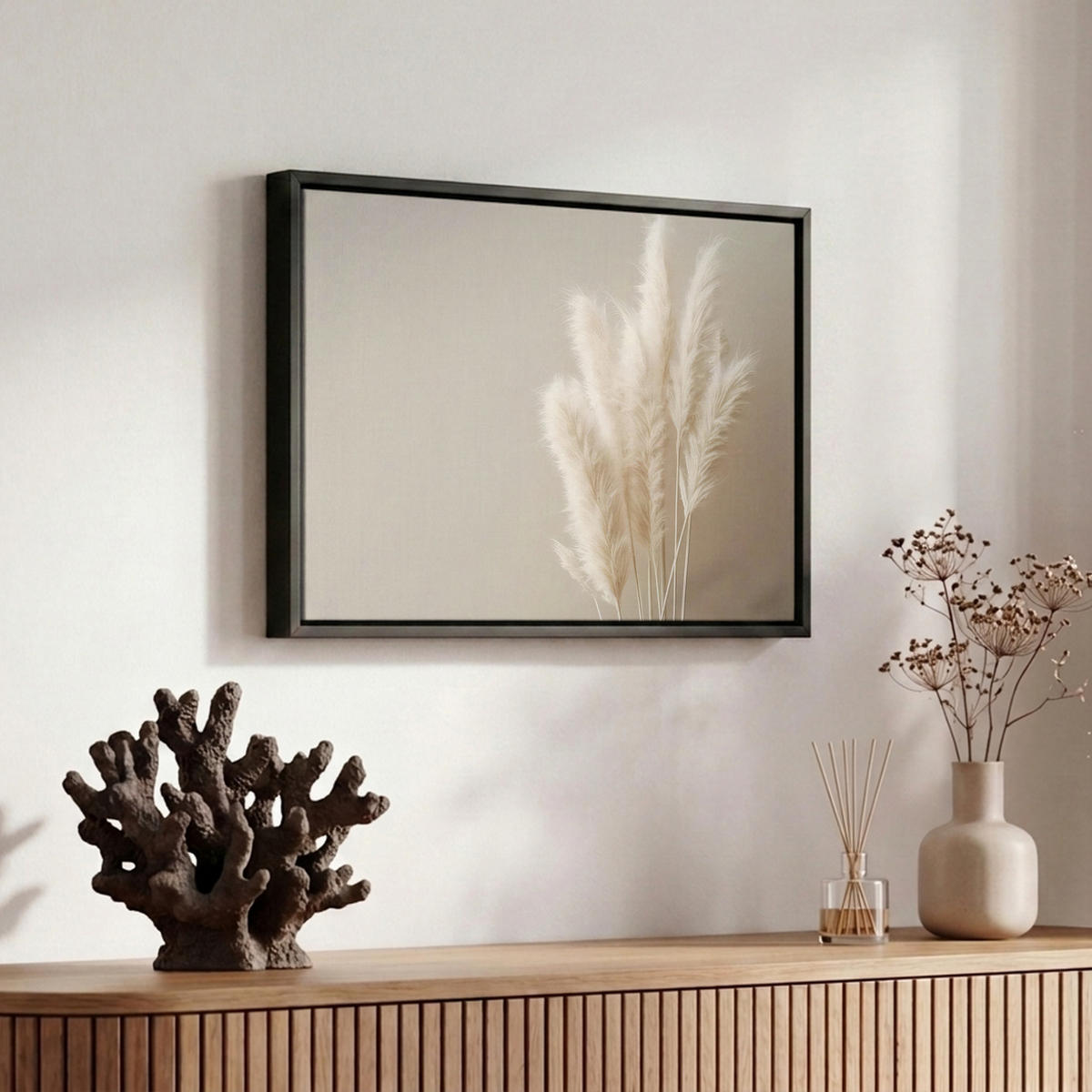 LEINWAND Bilder mit Rahmen - Pampasgras - Federn - Pastell - Weiß - 30x20 - Naturfarben, Textil (30/20cm) - MuchoWow