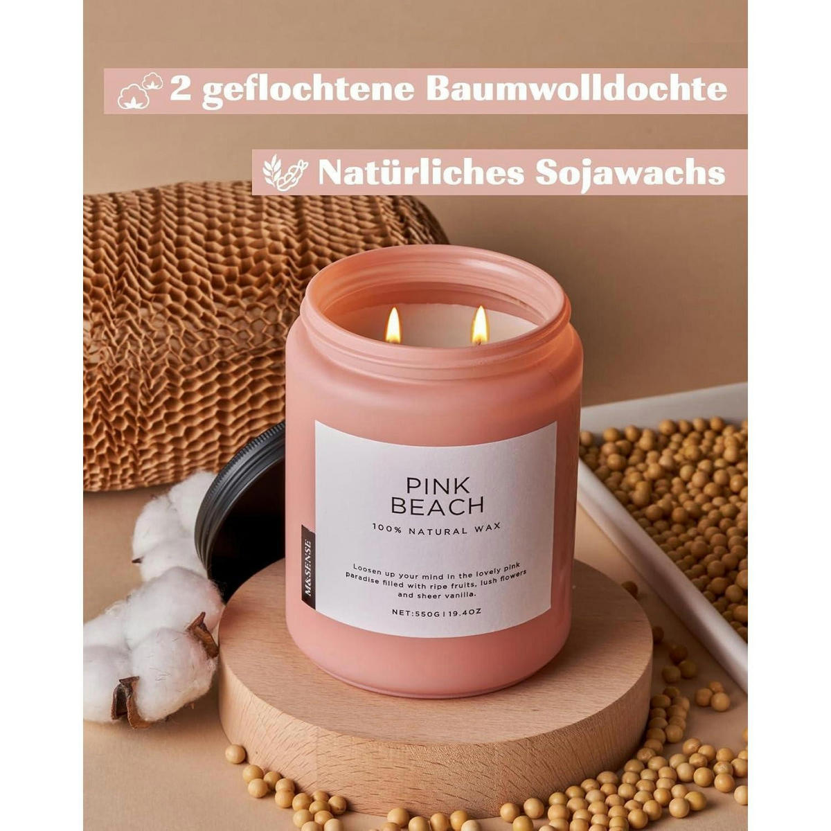 DUFTKERZE Pink Beach 550g Sojawachs 110h Brenndauer - Rosa, Paraffin (13cm)