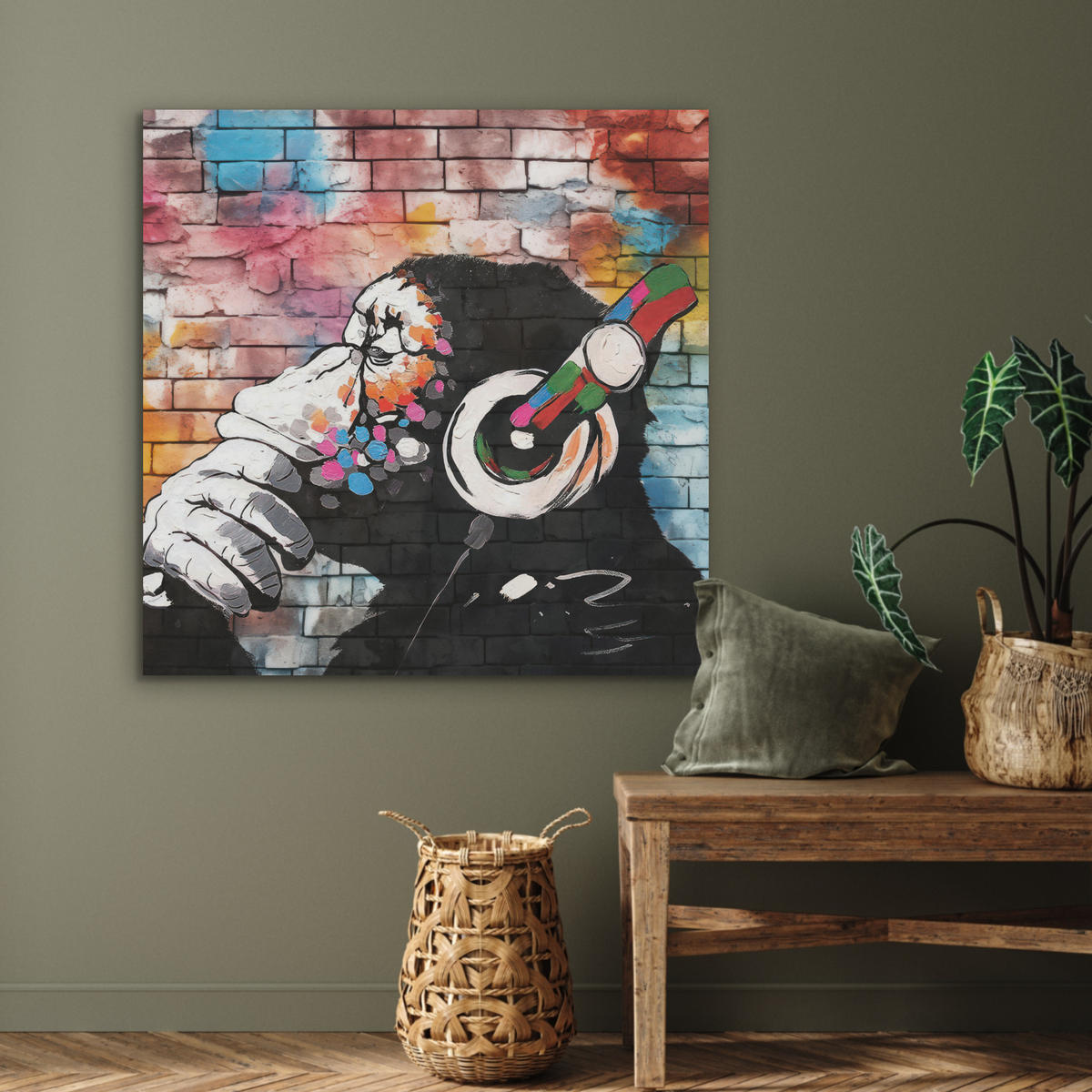 AKUSTIKPANEEL Affe - Graffiti - Musik 90x90 cm - Multicolor, Textil (90/0.9/90cm) - MuchoWow